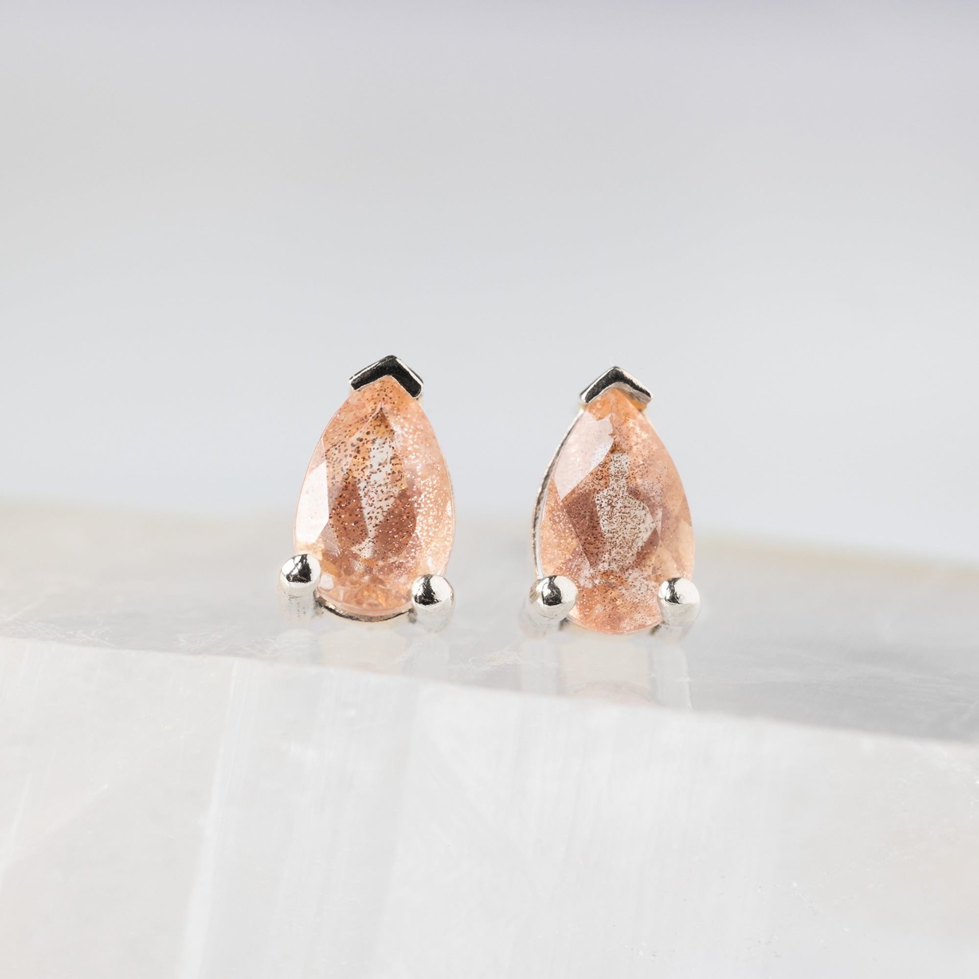 Alexis Russell Earrings The Peachy-Pink Sunstone Stud Earrings | White Gold