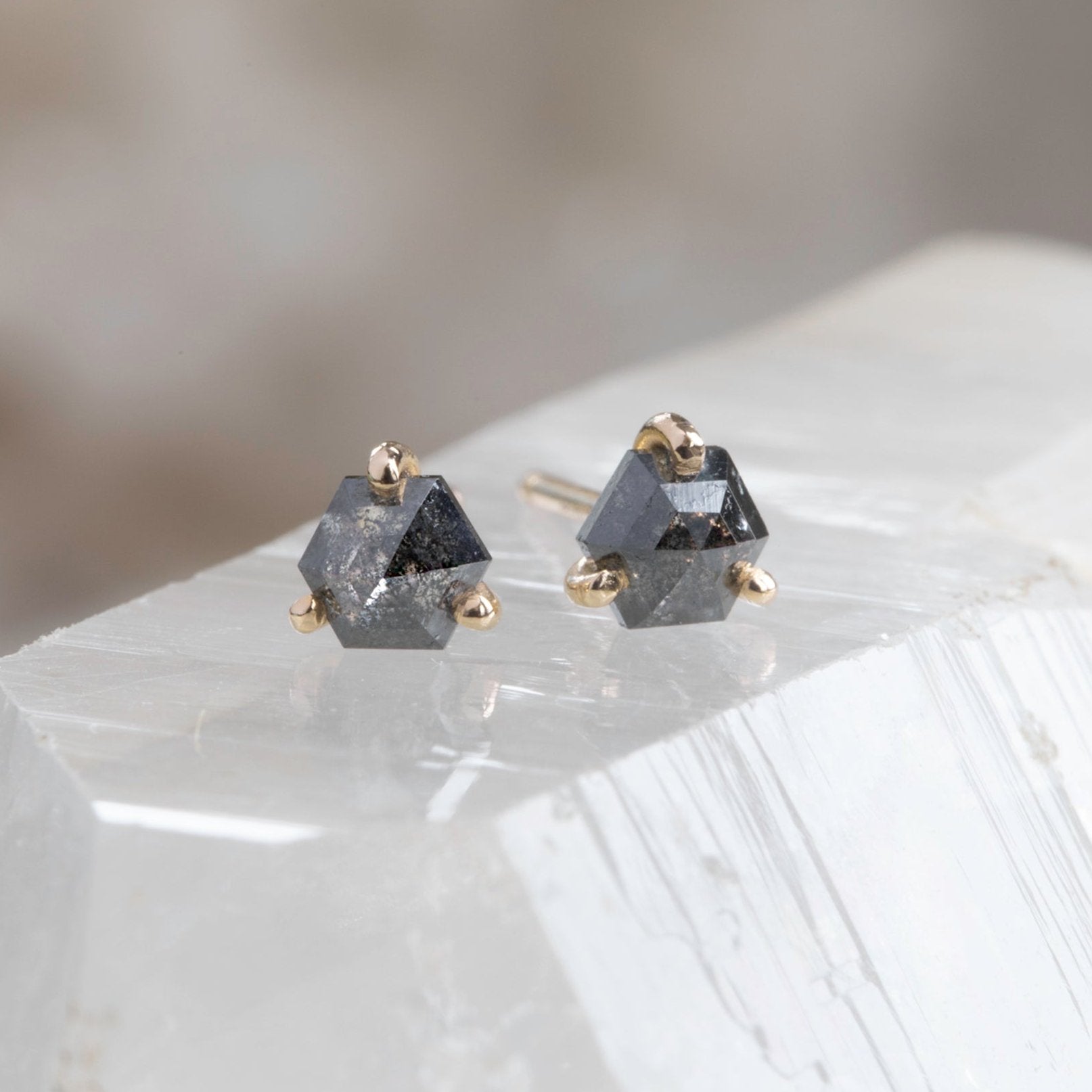 Alexis Russell Earrings The Teensy Black Diamond Hexagon Stud Earrings | Yellow Gold