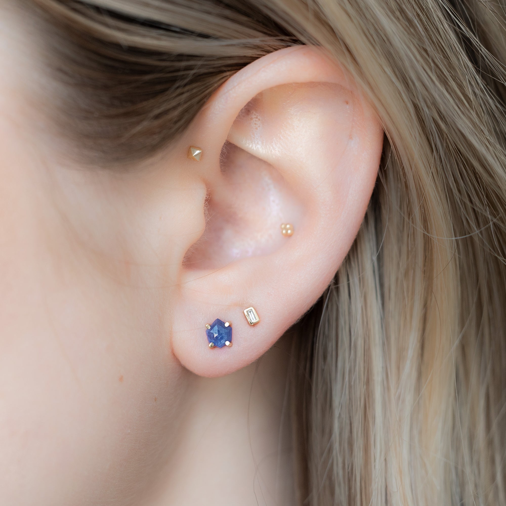 Alexis Russell Earrings The Hexagon Blue Sapphire Stud Earrings | Yellow, Rose or White Gold