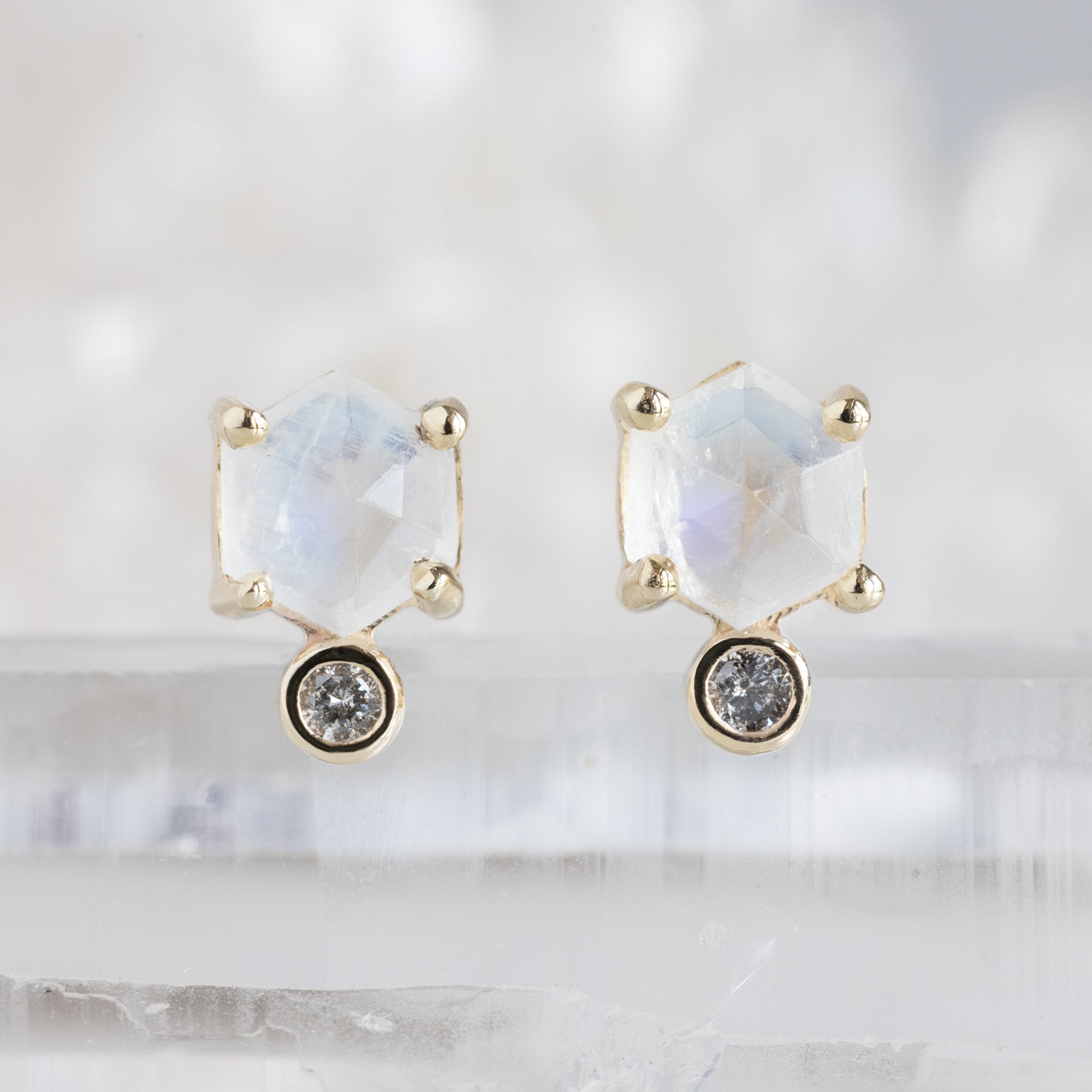 Alexis Russell Earrings The Hexagon Moonstone + Diamond Stud Earrings | Yellow, Rose or White Gold