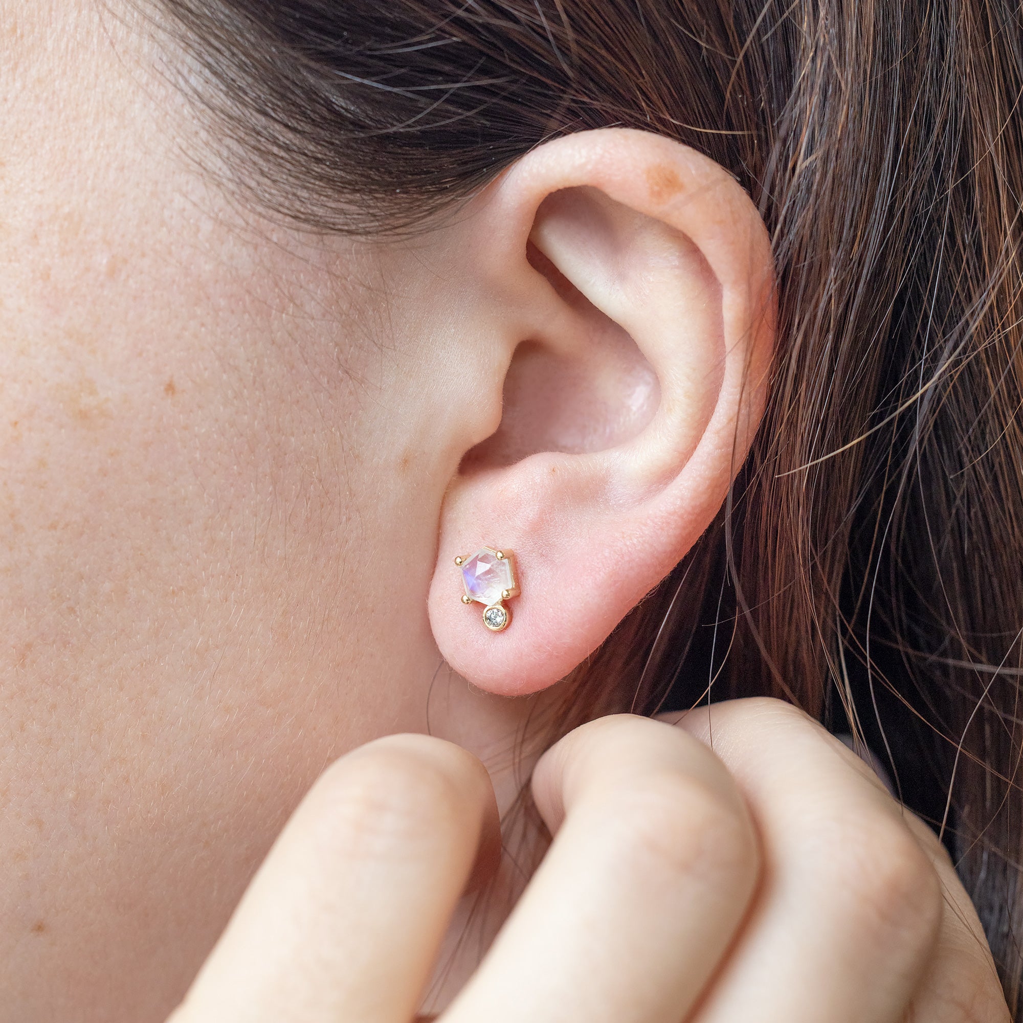 Alexis Russell Earrings The Hexagon Moonstone + Diamond Stud Earrings | Yellow, Rose or White Gold