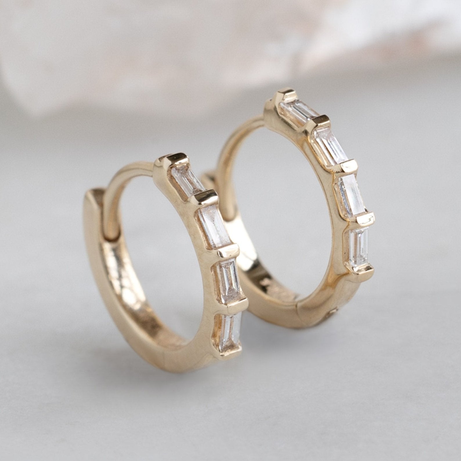 Alexis Russell Earrings The Baguette White Diamond Huggie Hoops | Yellow, Rose or White Gold