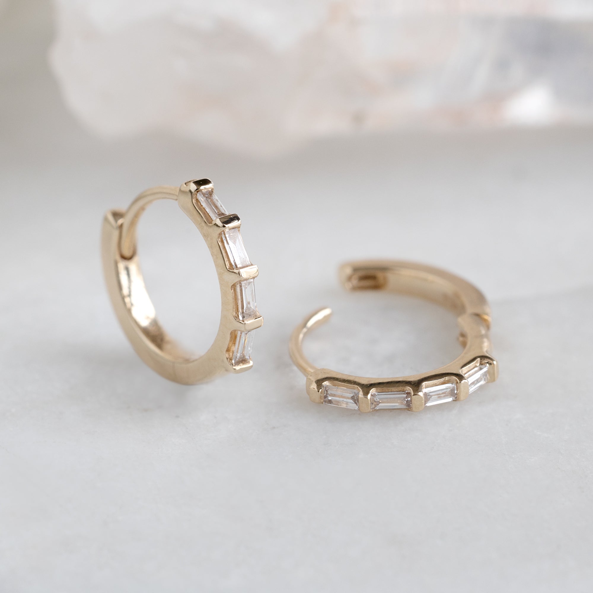 Alexis Russell Earrings The Baguette White Diamond Huggie Hoops | Yellow, Rose or White Gold