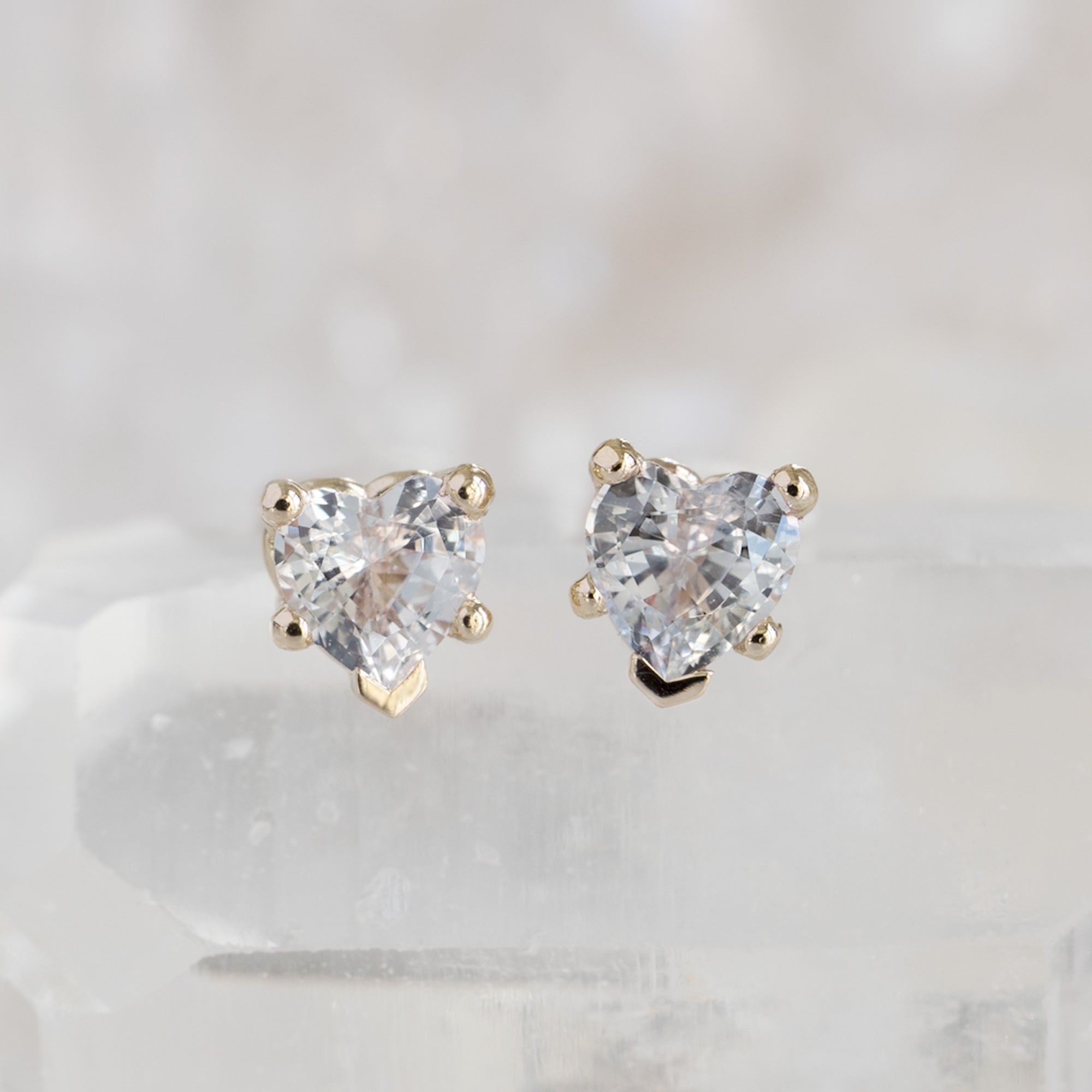 Alexis Russell Earrings The White Sapphire Gemstone Heart Stud Earrings | Yellow Gold