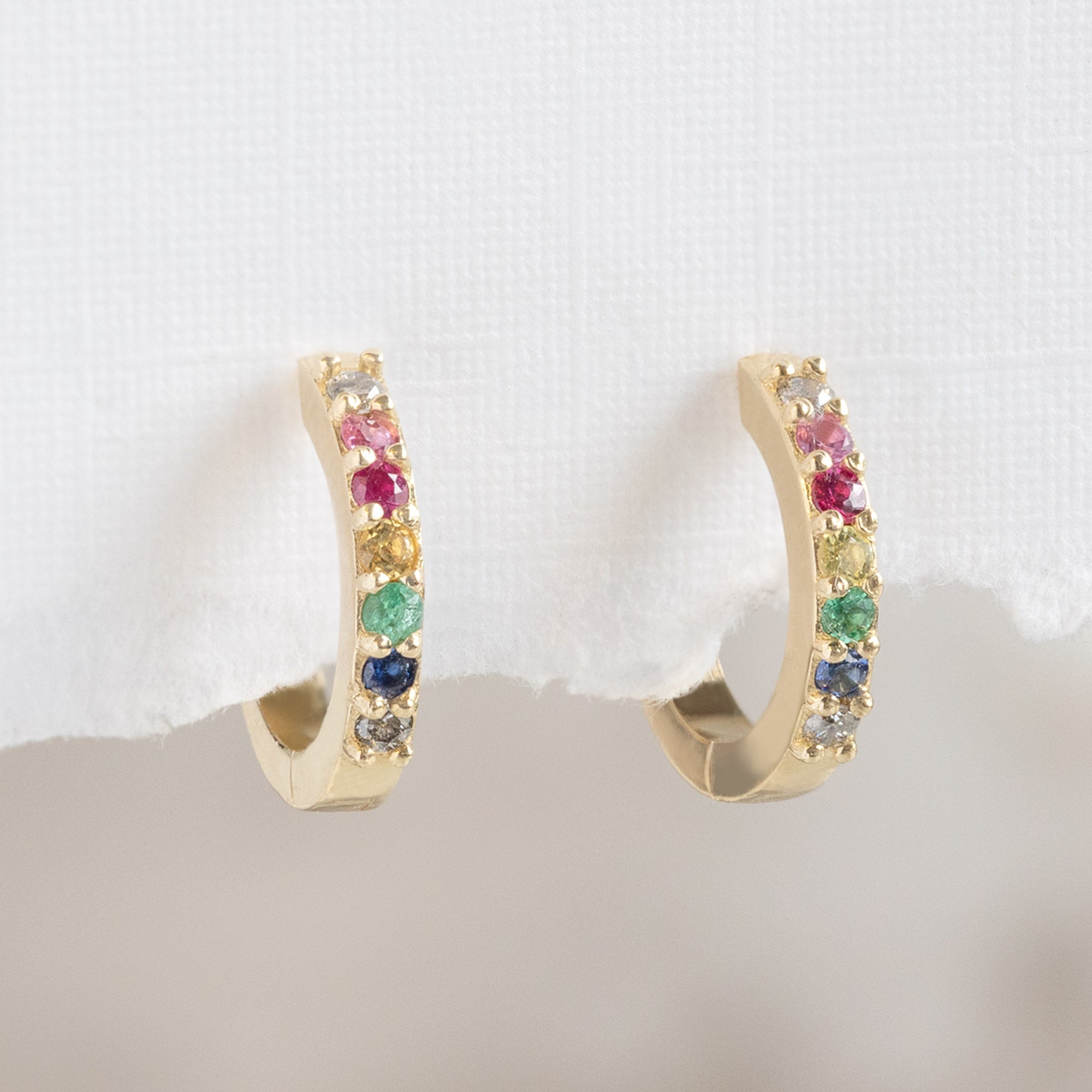 Alexis Russell Earrings The Rainbow Sapphire Pavé Huggie Hoops | Yellow, Rose or White Gold