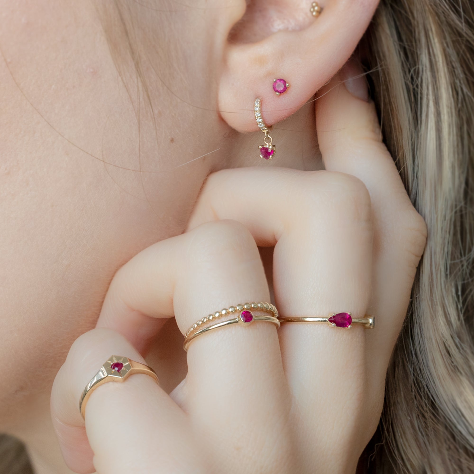 Alexis Russell Earrings The Ruby Heart + Diamond Huggie Studs | Yellow Gold