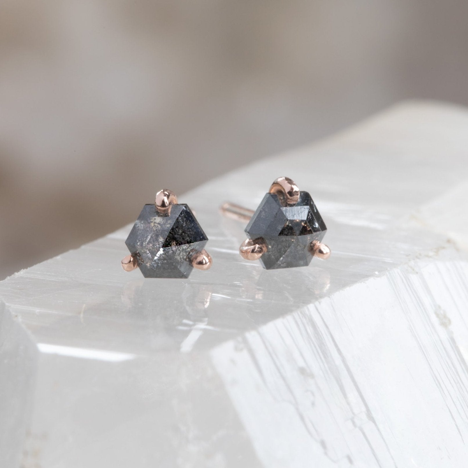 Alexis Russell Earrings The Teensy Black Diamond Hexagon Stud Earrings | Yellow, Rose or White Gold