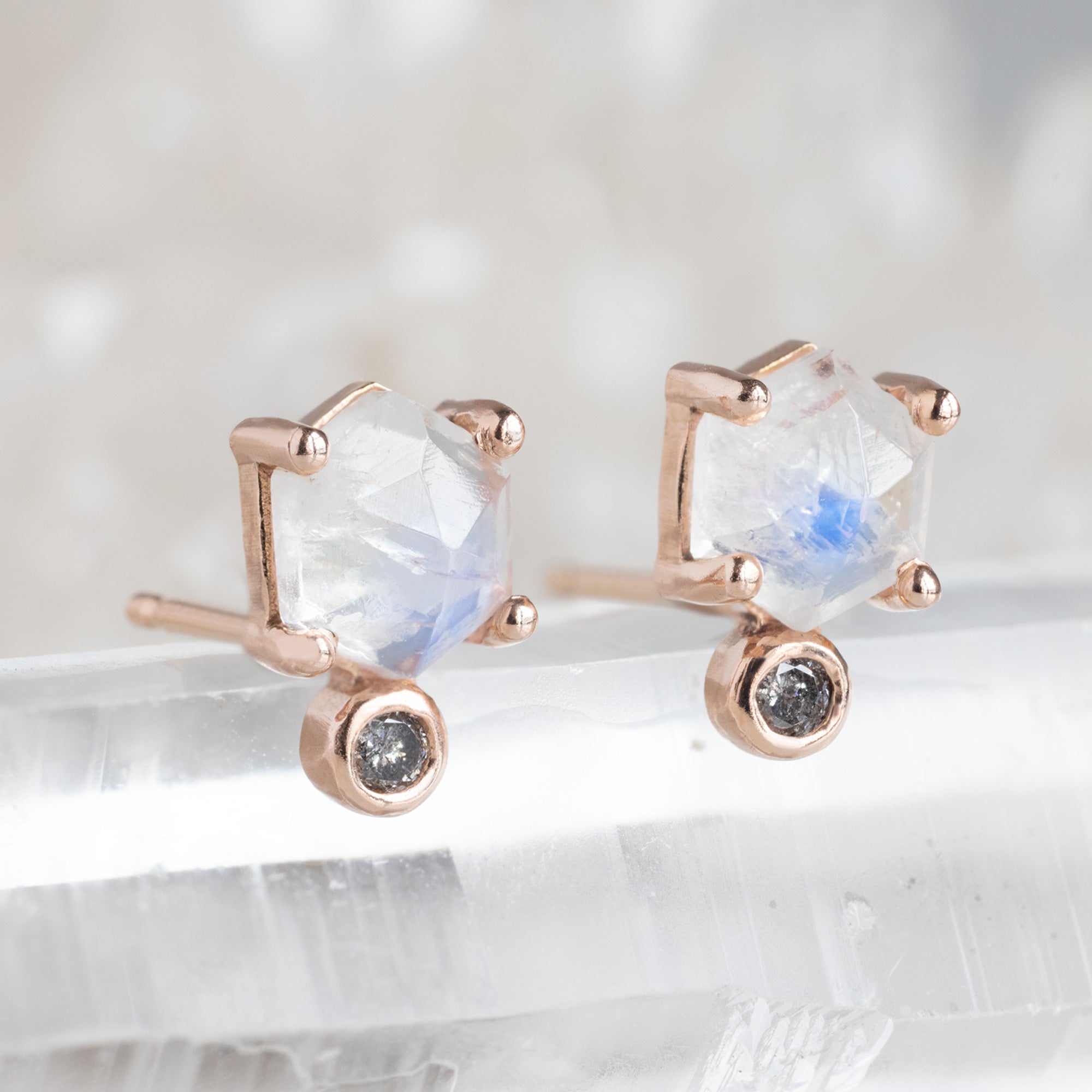 Alexis Russell Earrings The Hexagon Moonstone + Diamond Stud Earrings | Yellow, Rose or White Gold