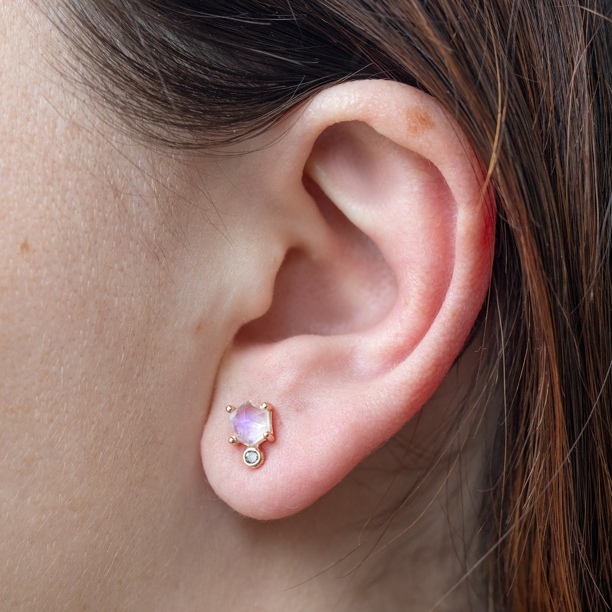 Alexis Russell Earrings The Hexagon Moonstone + Diamond Stud Earrings | Yellow, Rose or White Gold