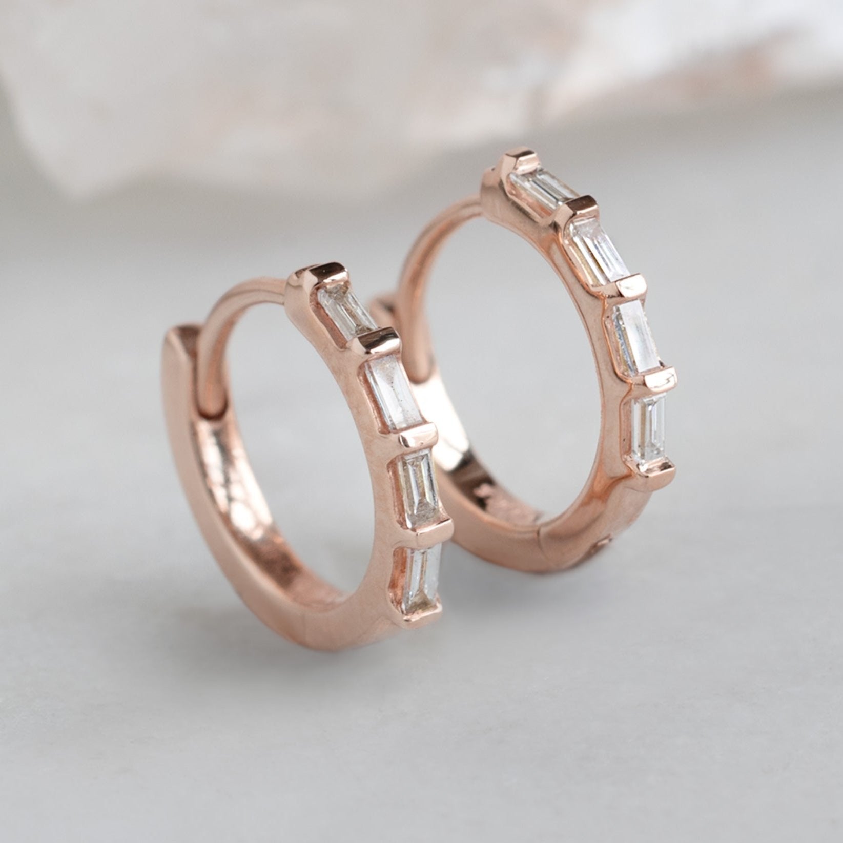 Alexis Russell Earrings The Baguette White Diamond Huggie Hoops | Yellow, Rose or White Gold