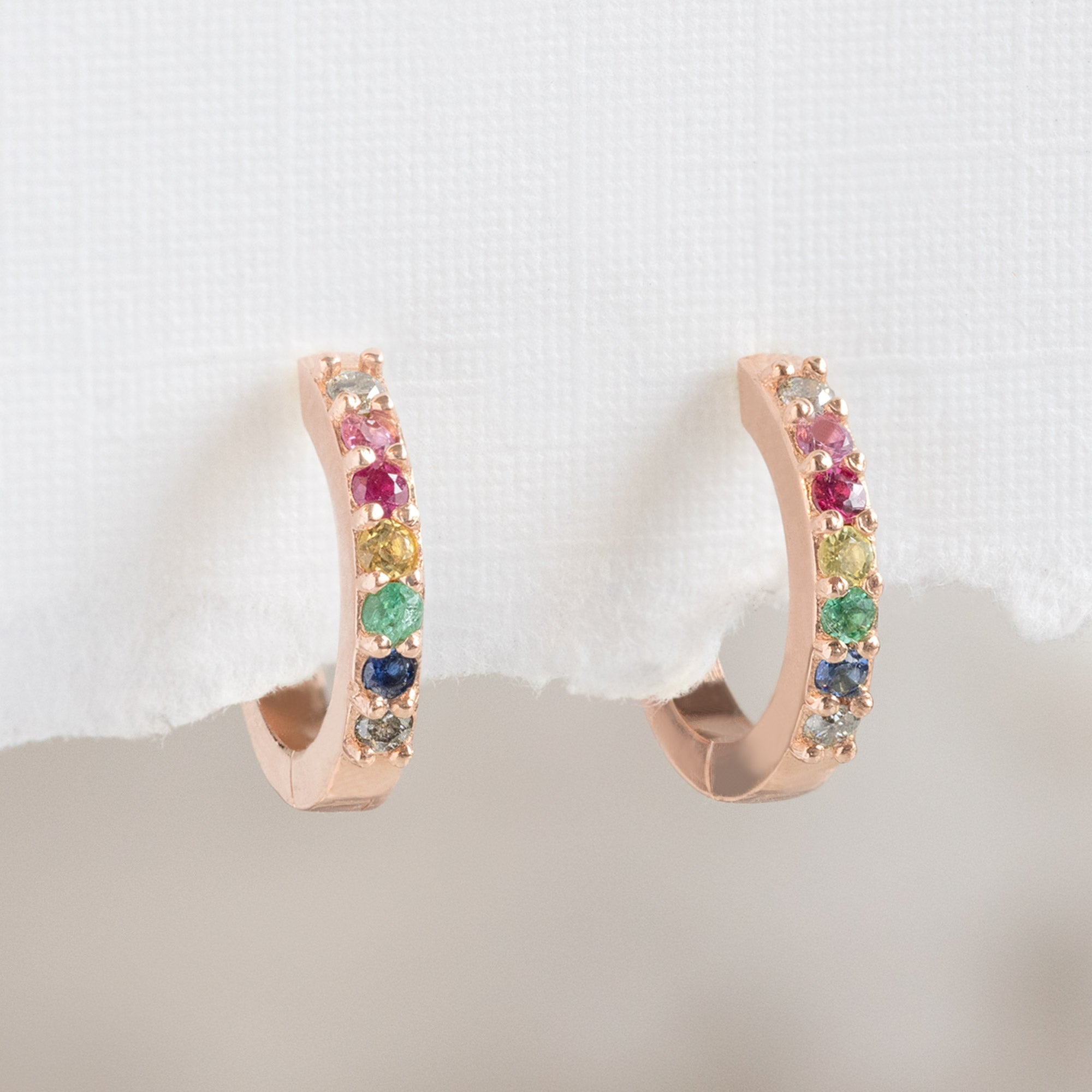 Alexis Russell Earrings The Rainbow Sapphire Pavé Huggie Hoops | Rose Gold