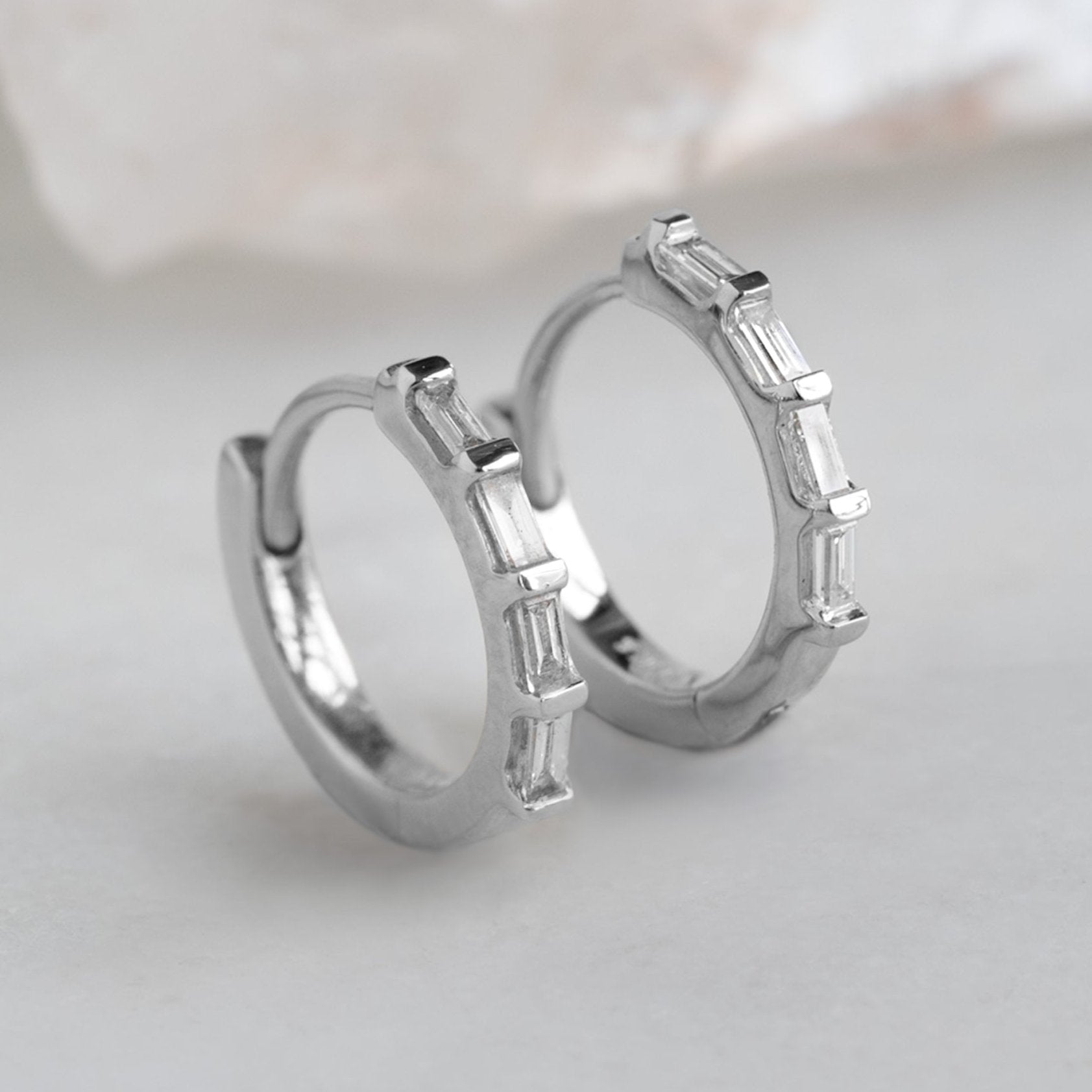 Alexis Russell Earrings The Baguette White Diamond Huggie Hoops | Yellow, Rose or White Gold