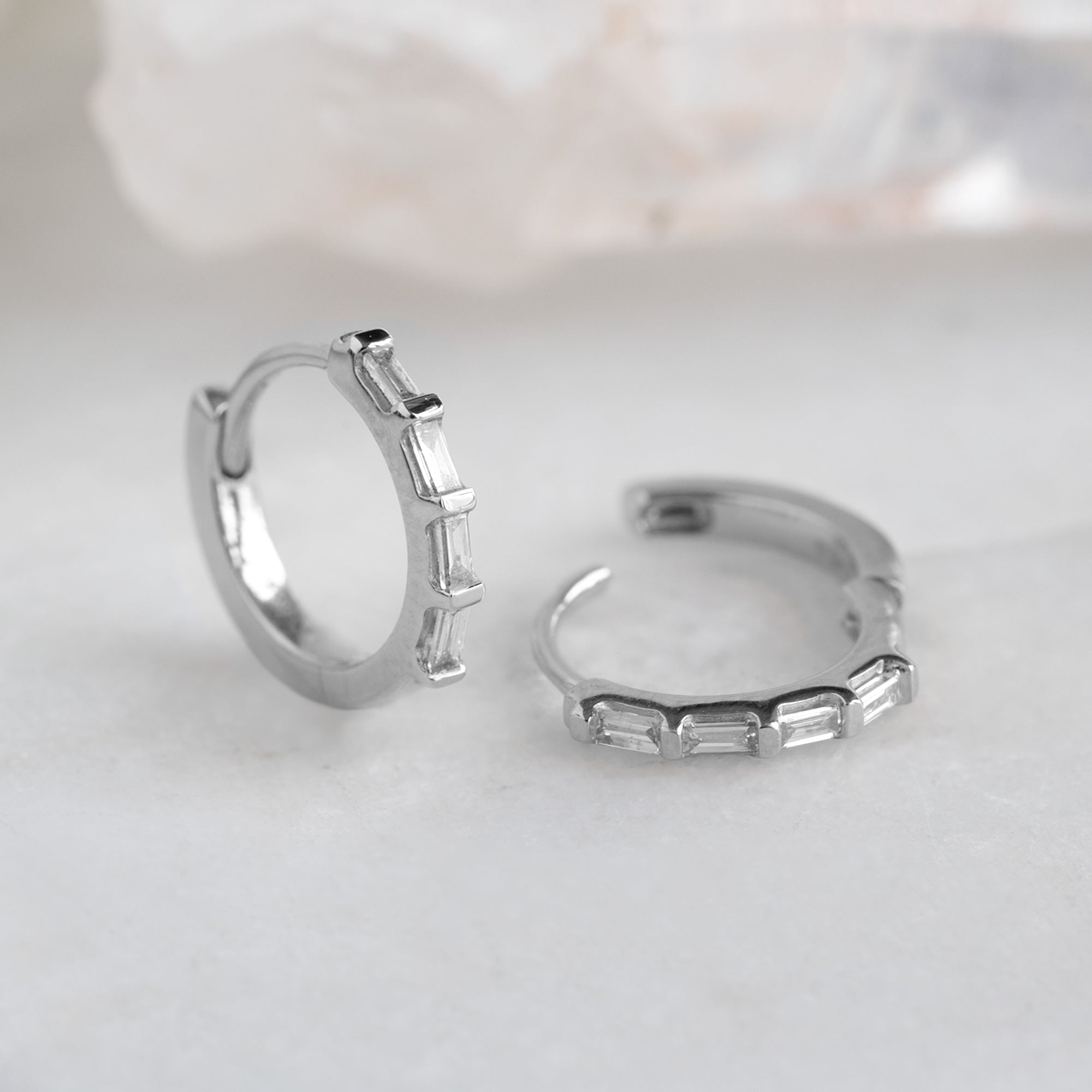 Alexis Russell Earrings The Baguette White Diamond Huggie Hoops | Yellow, Rose or White Gold