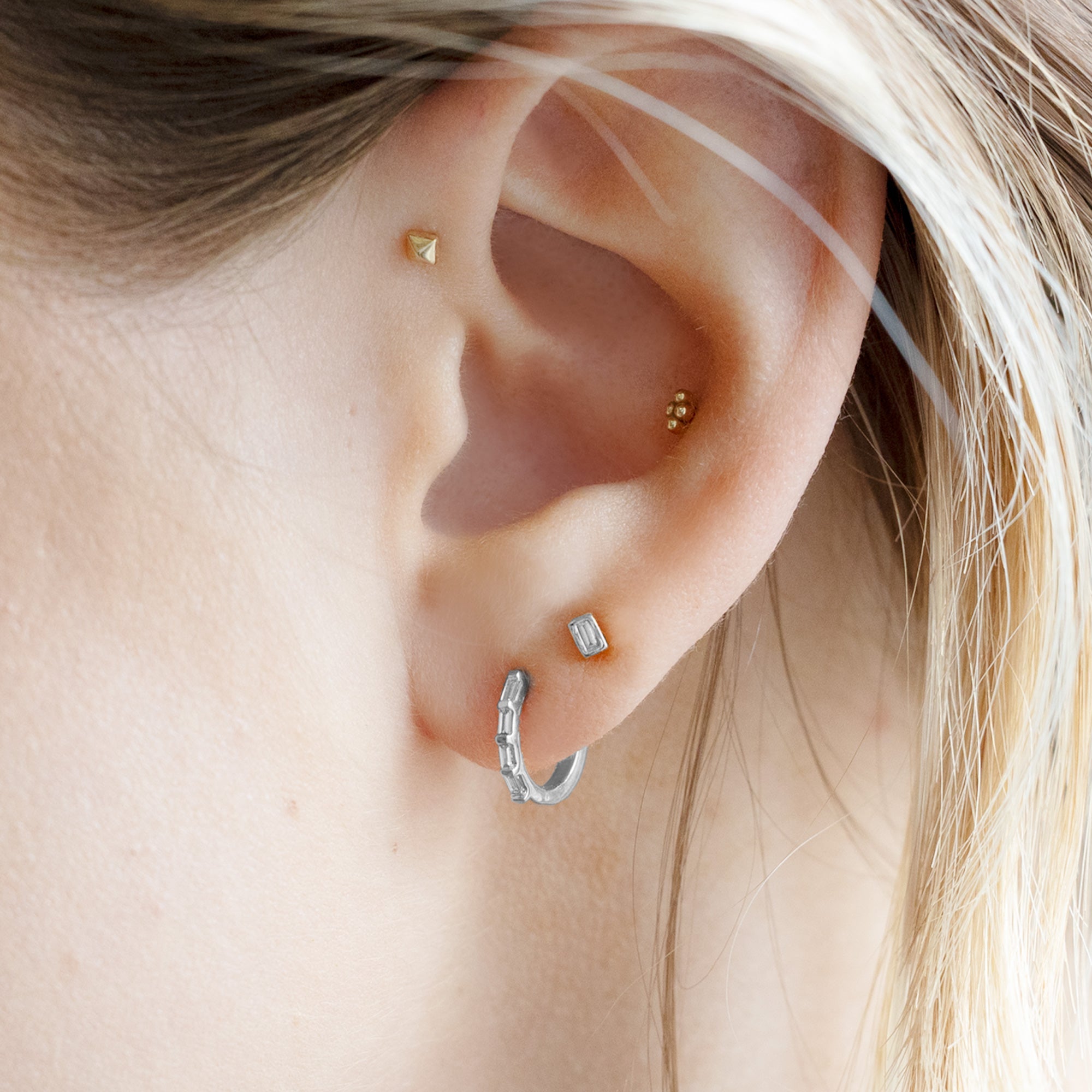 Alexis Russell Earrings The Baguette White Diamond Huggie Hoops | Yellow, Rose or White Gold