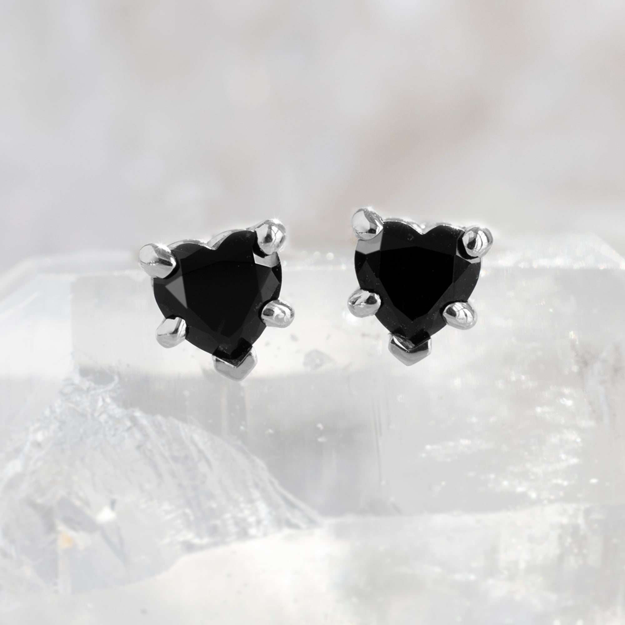 Alexis Russell Earrings The Black Onyx Gemstone Heart Stud Earrings | White Gold