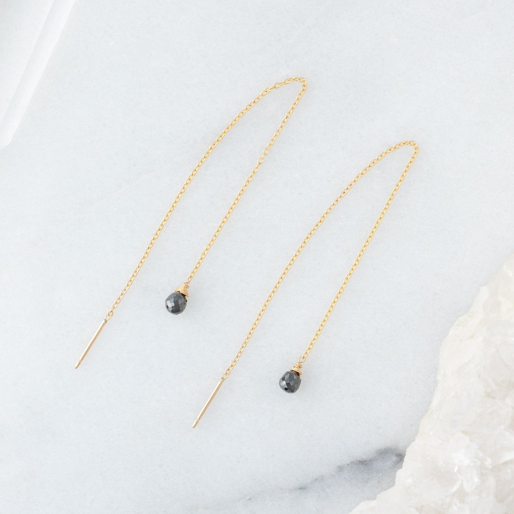 Alexis Russell Earrings The Simple Black Diamond Drop Thread Earrings | Yellow Gold Filled