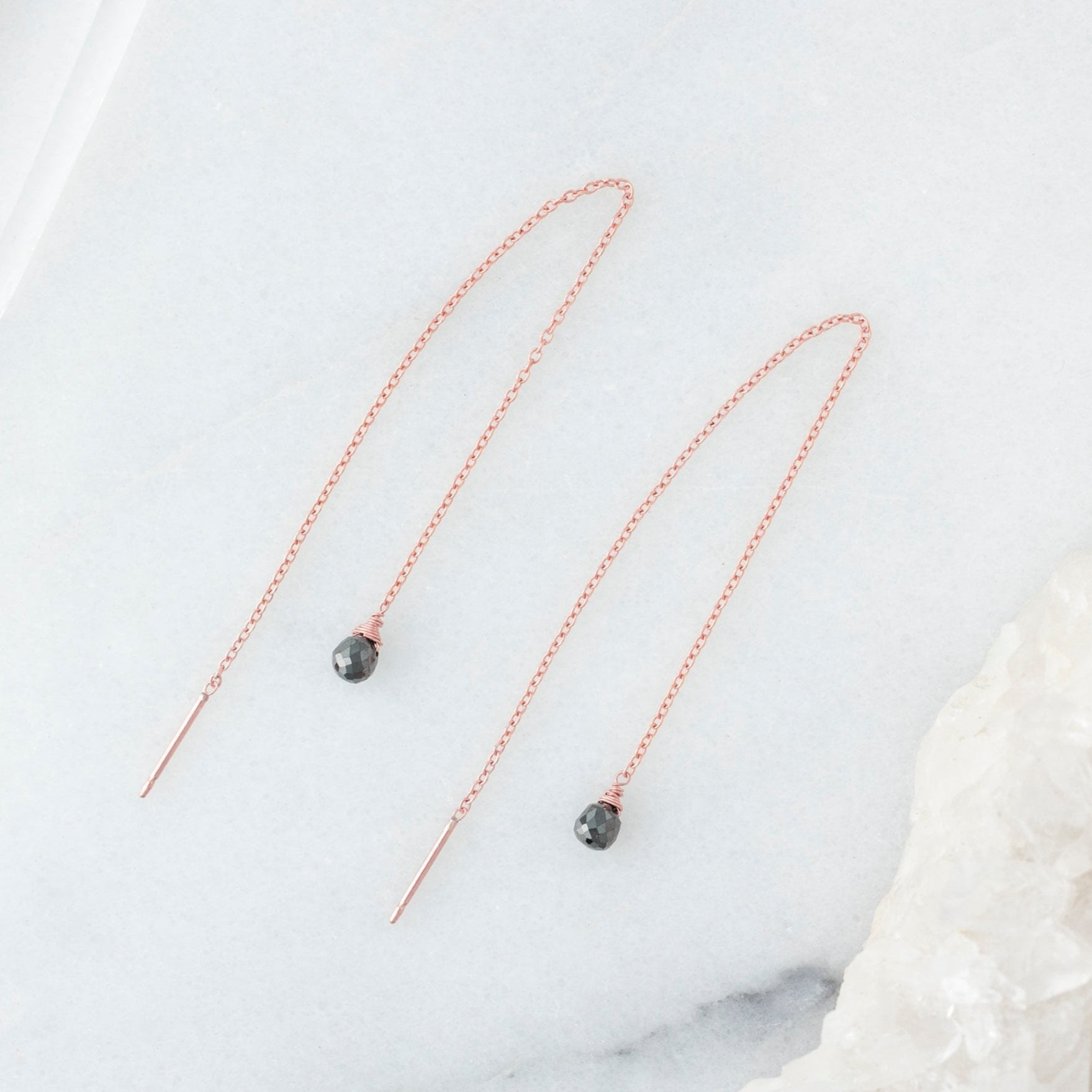 Alexis Russell Earrings The Simple Black Diamond Drop Thread Earrings | Yellow or Rose Gold