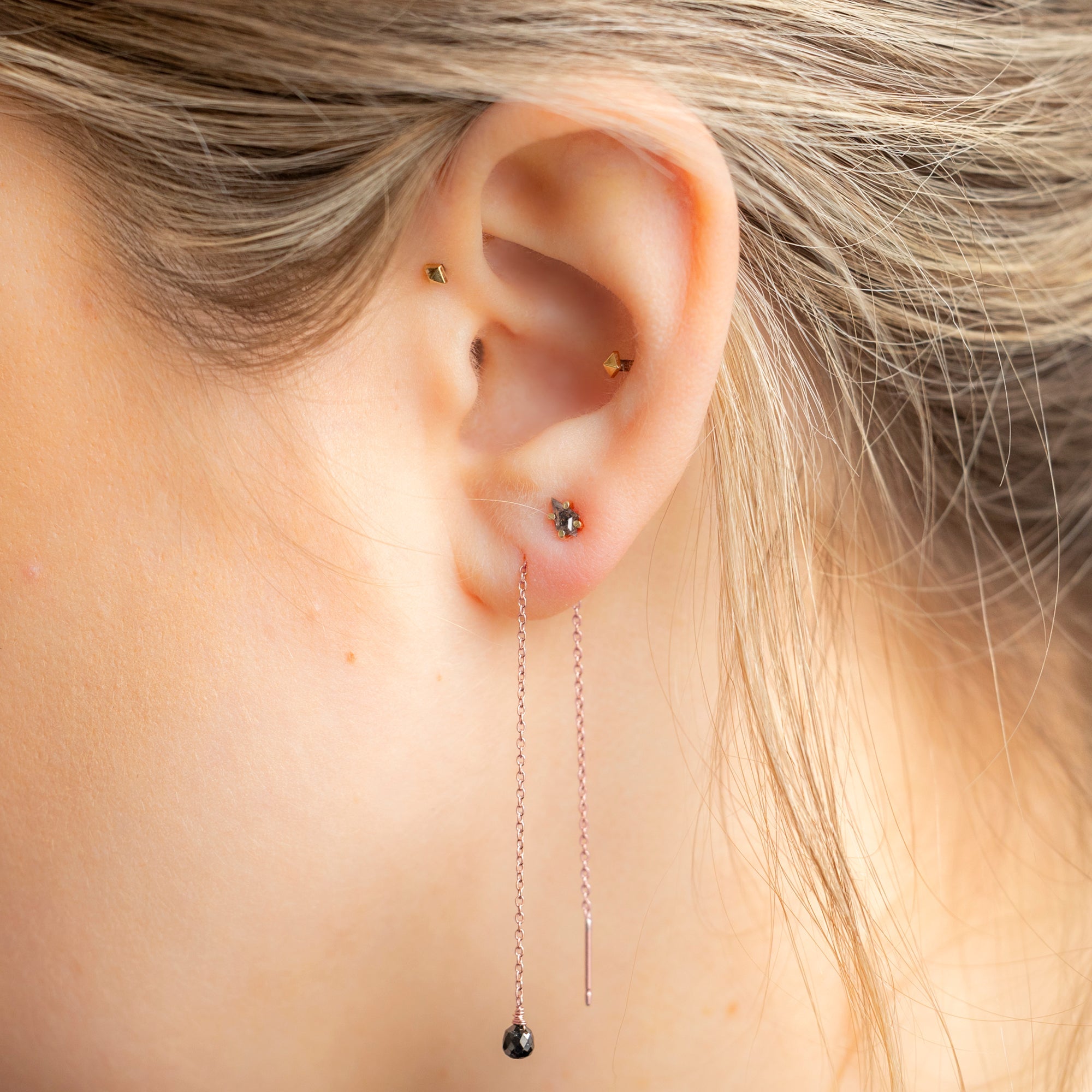 Alexis Russell Earrings The Simple Black Diamond Drop Thread Earrings | Yellow or Rose Gold