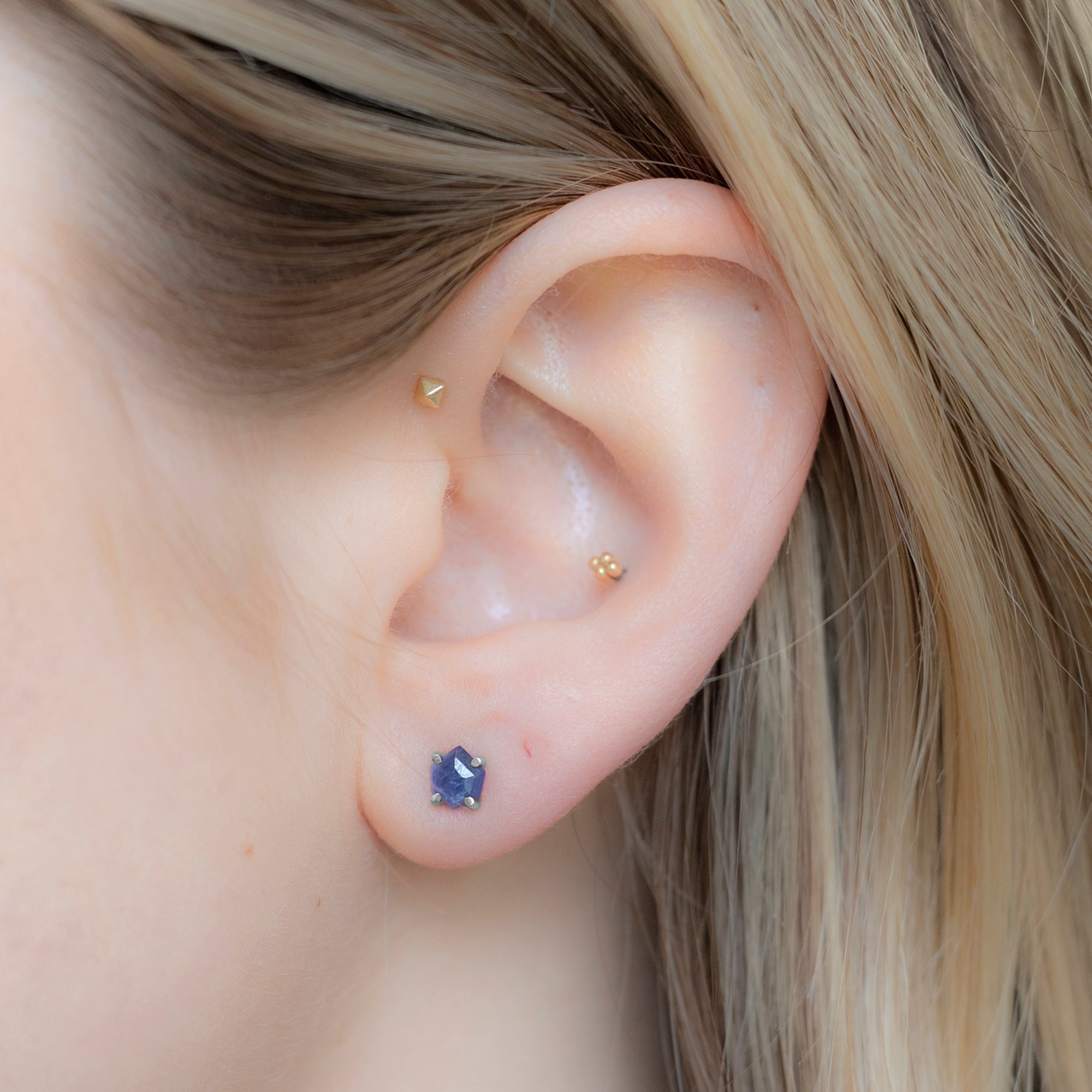 Alexis Russell Earrings The Hexagon Blue Sapphire Stud Earrings | Yellow, Rose or White Gold