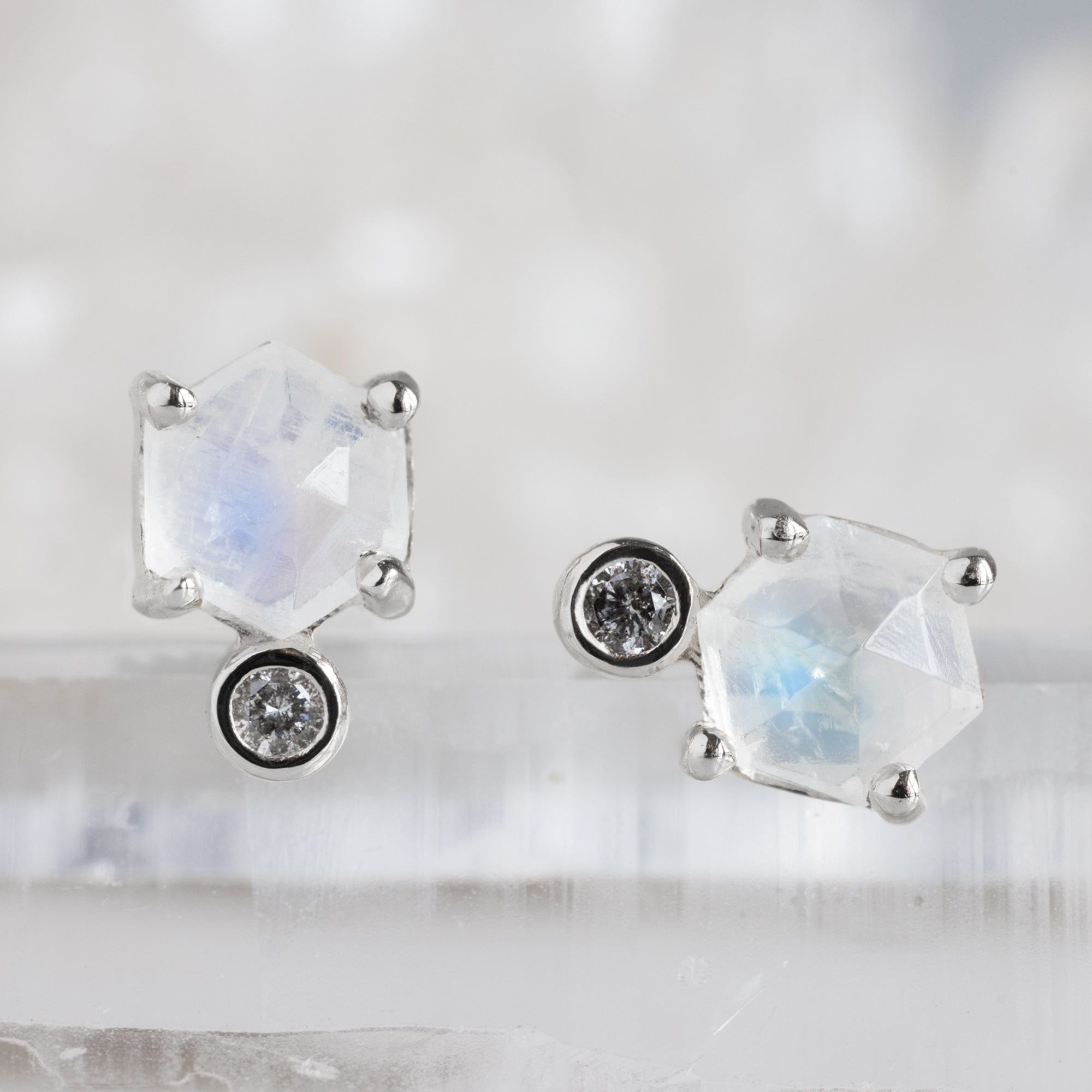 Alexis Russell Earrings The Hexagon Moonstone + Diamond Stud Earrings | Yellow, Rose or White Gold
