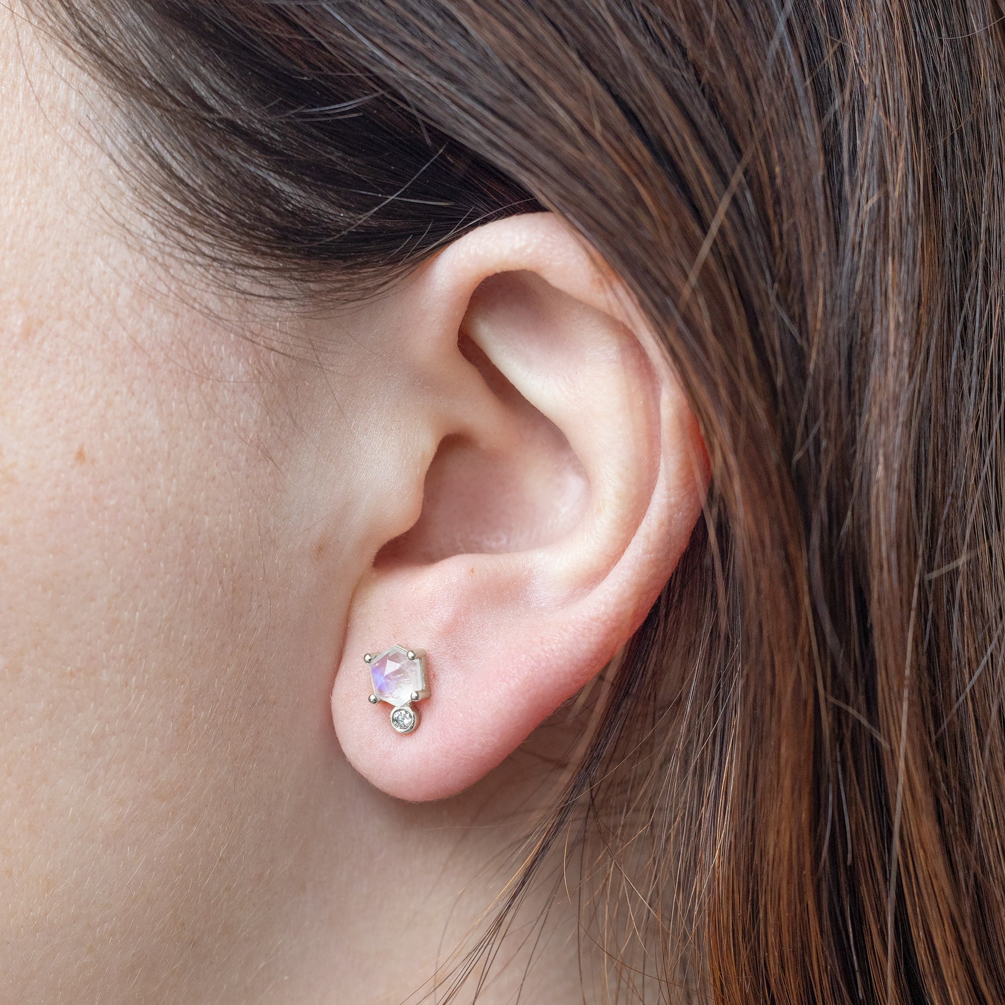 Alexis Russell Earrings The Hexagon Moonstone + Diamond Stud Earrings | Yellow, Rose or White Gold