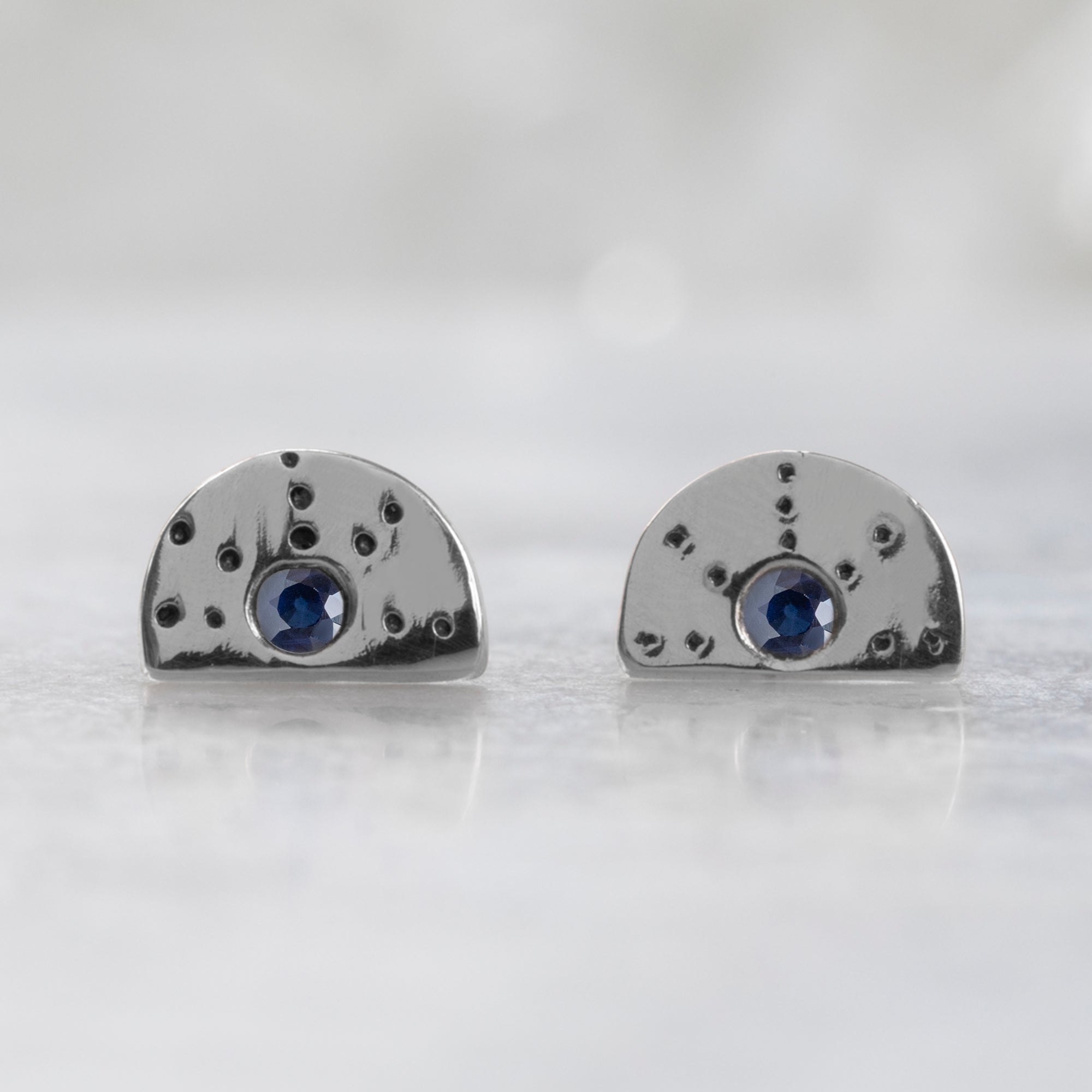 Alexis Russell Earrings The Half Moon Blue Sapphire Stardust Stud Earrings | Sterling Silver