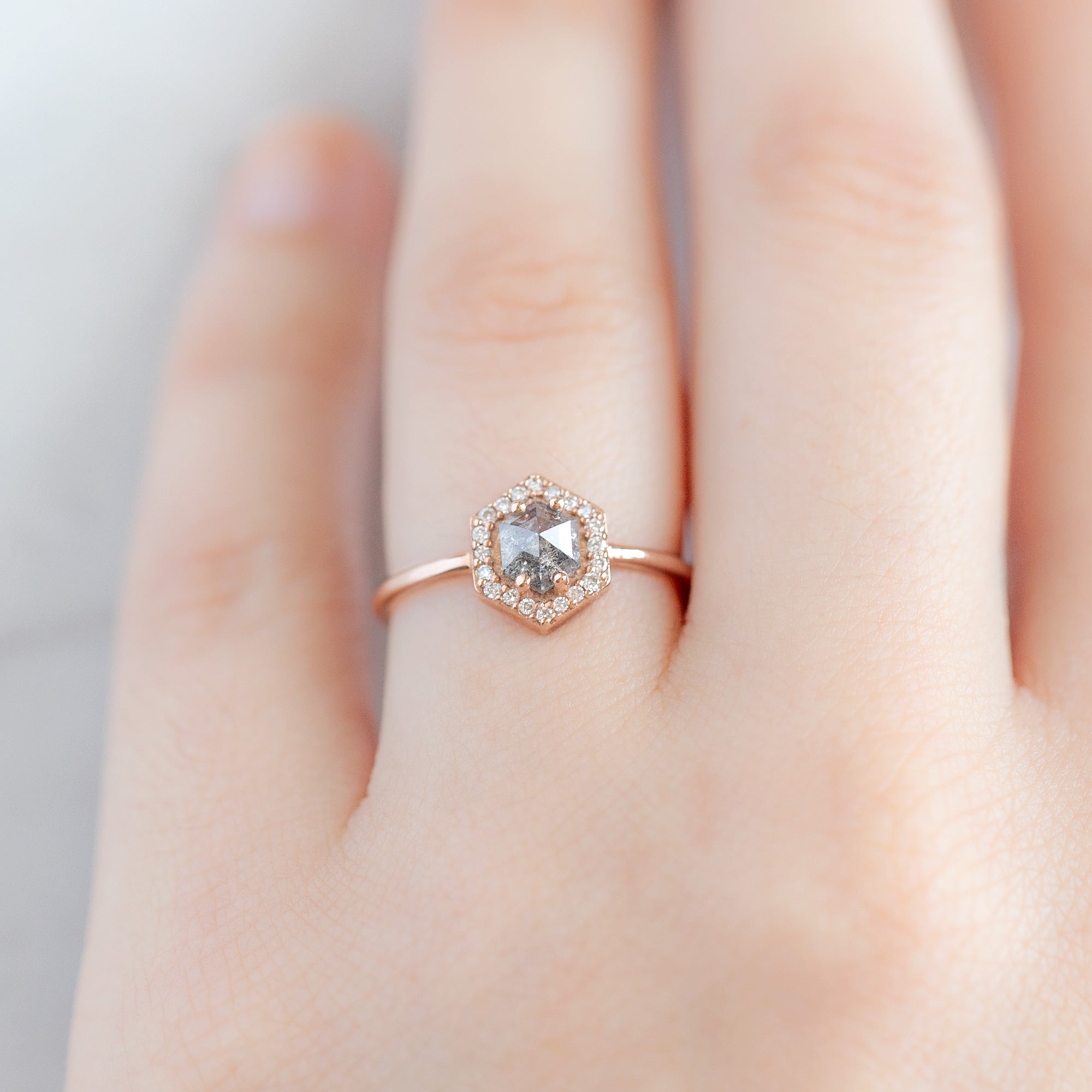 Alexis Russell Engagement Rings The Dahlia Ring | 0.89ct Hexagon Salt and Pepper Diamond in 14K Rose Gold