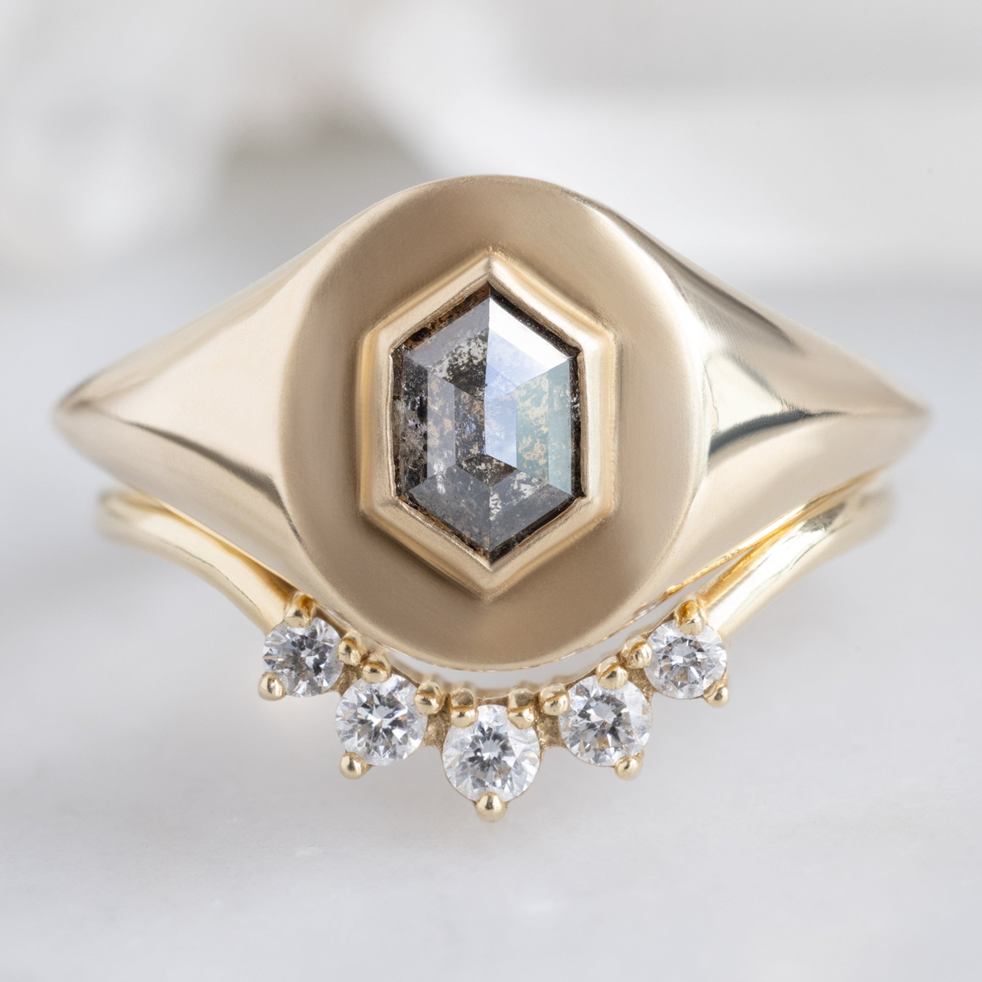 Alexis Russell Engagement Rings The Signet Ring | 0.38ct Hexagon Salt and Pepper Diamond in 10K Yellow Gold