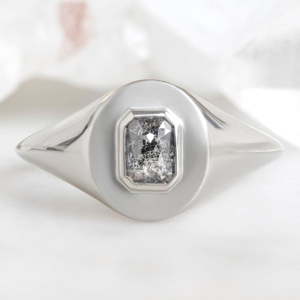 Alexis Russell Engagement Rings The Signet Ring | 0.66ct Emerald Cut Salt and Pepper Diamond in 10K White Gold