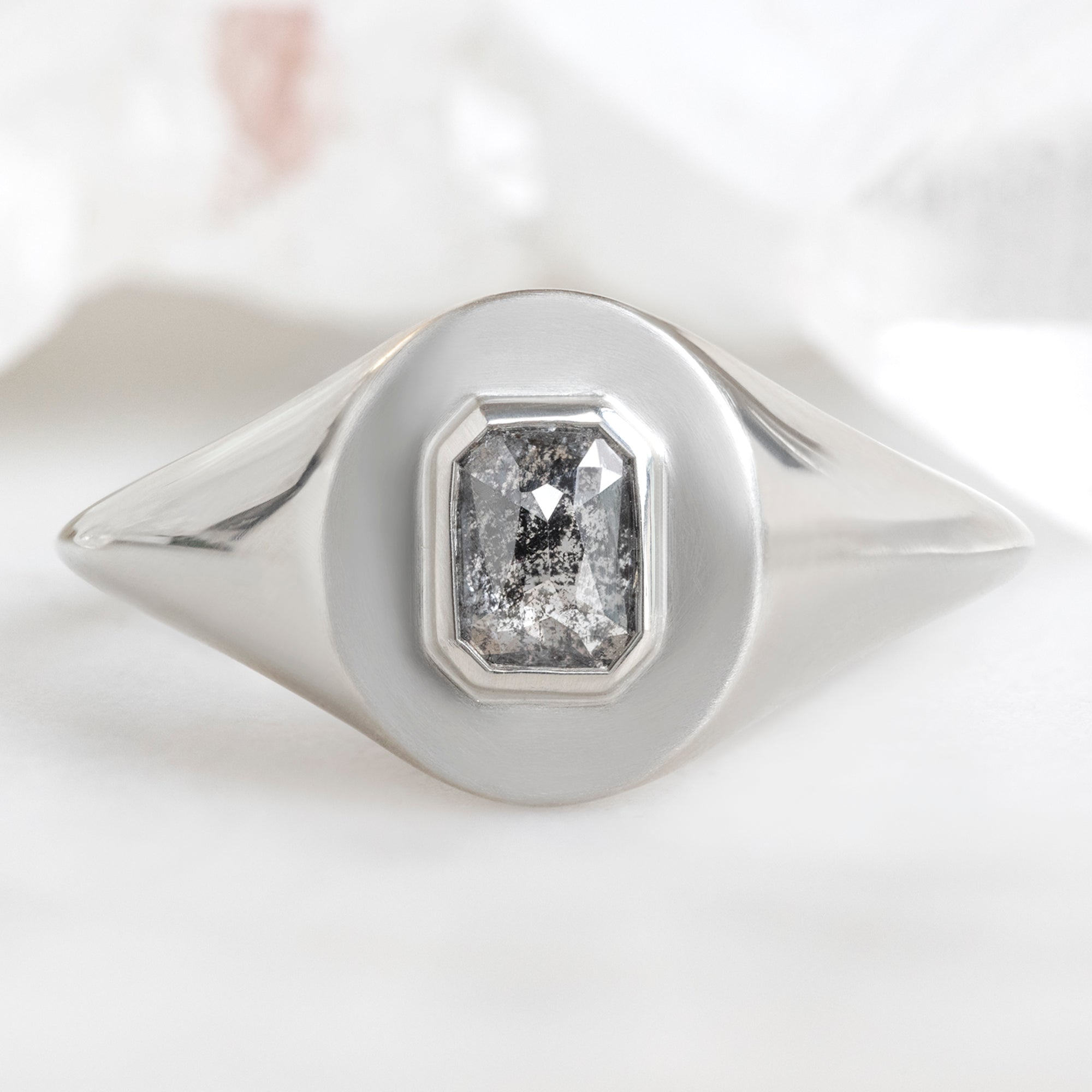 Alexis Russell Engagement Rings The Signet Ring | 0.66ct Emerald Cut Salt and Pepper Diamond in 10K White Gold