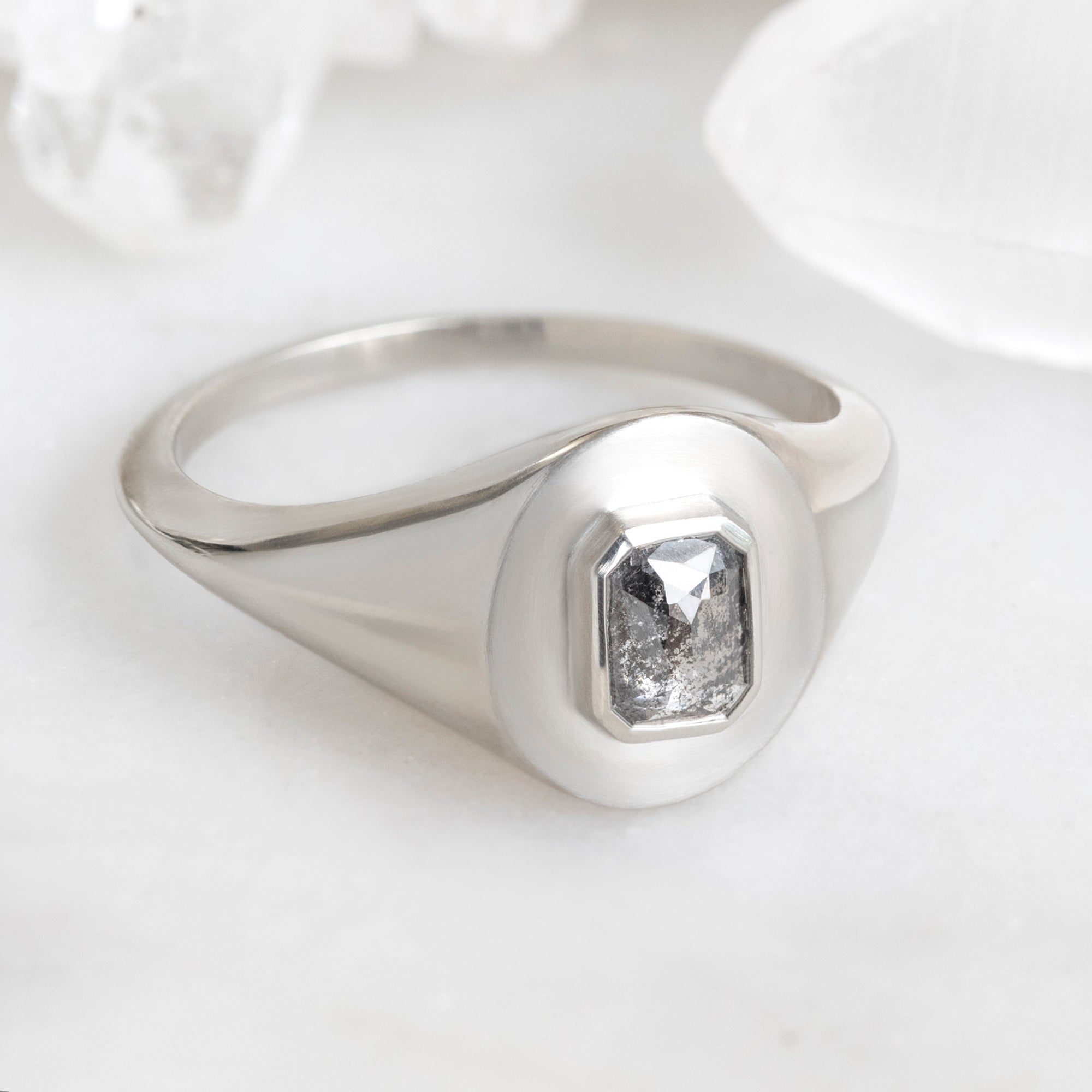 Alexis Russell Engagement Rings The Signet Ring | 0.66ct Emerald Cut Salt and Pepper Diamond in 10K White Gold