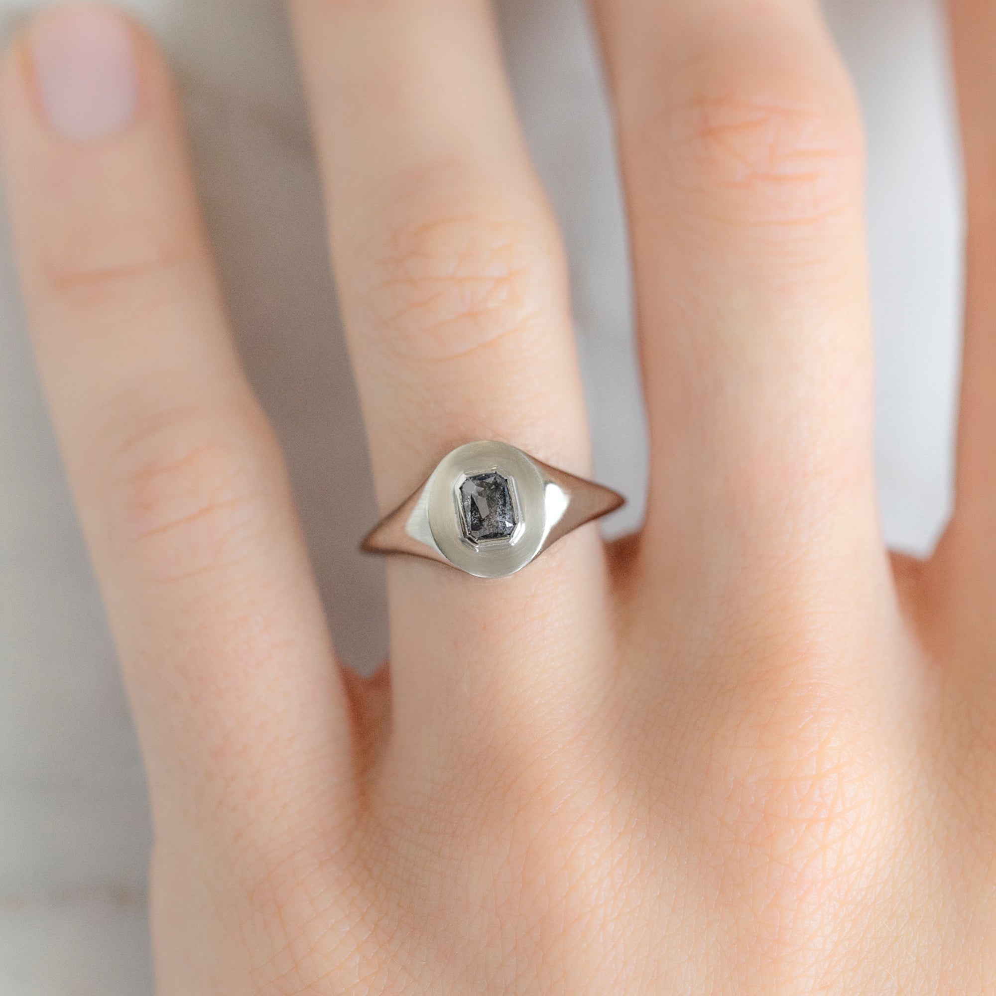 Alexis Russell Engagement Rings The Signet Ring | 0.66ct Emerald Cut Salt and Pepper Diamond in 10K White Gold