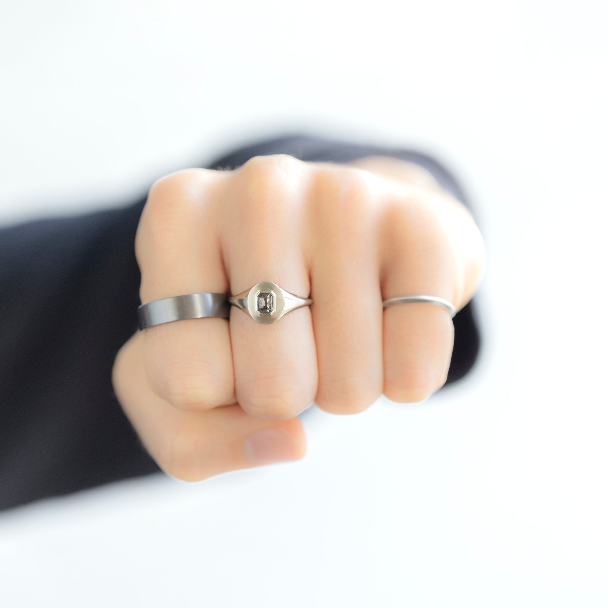 Alexis Russell Engagement Rings The Signet Ring | 0.66ct Emerald Cut Salt and Pepper Diamond in 10K White Gold