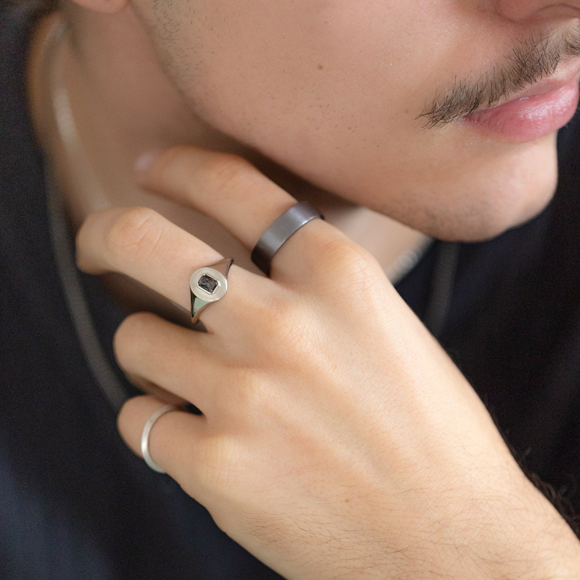 Alexis Russell Engagement Rings The Signet Ring | 0.66ct Emerald Cut Salt and Pepper Diamond in 10K White Gold