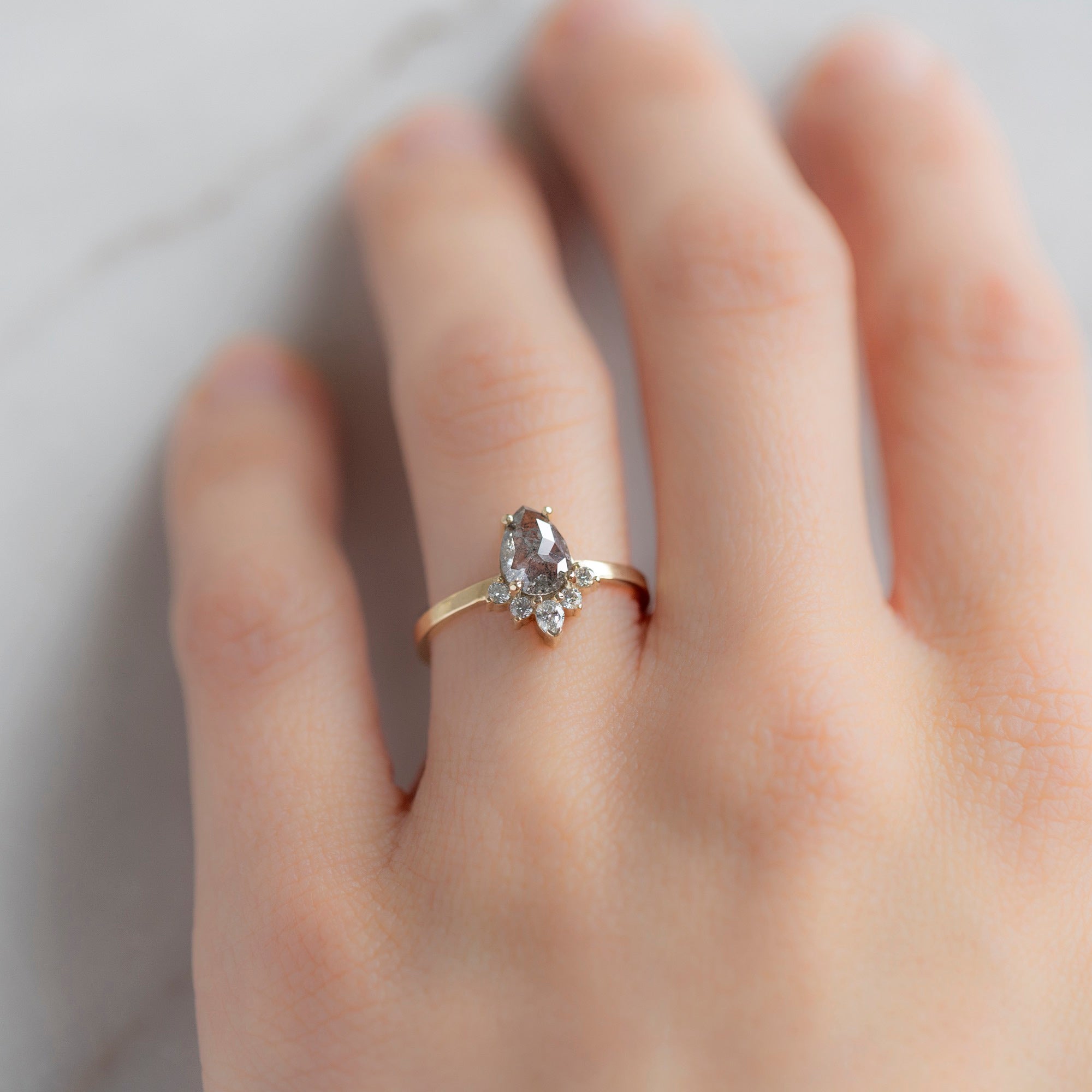 Alexis Russell Engagement Rings The Aster Ring | 0.89ct Pear Grey Diamond in 14K Yellow Gold
