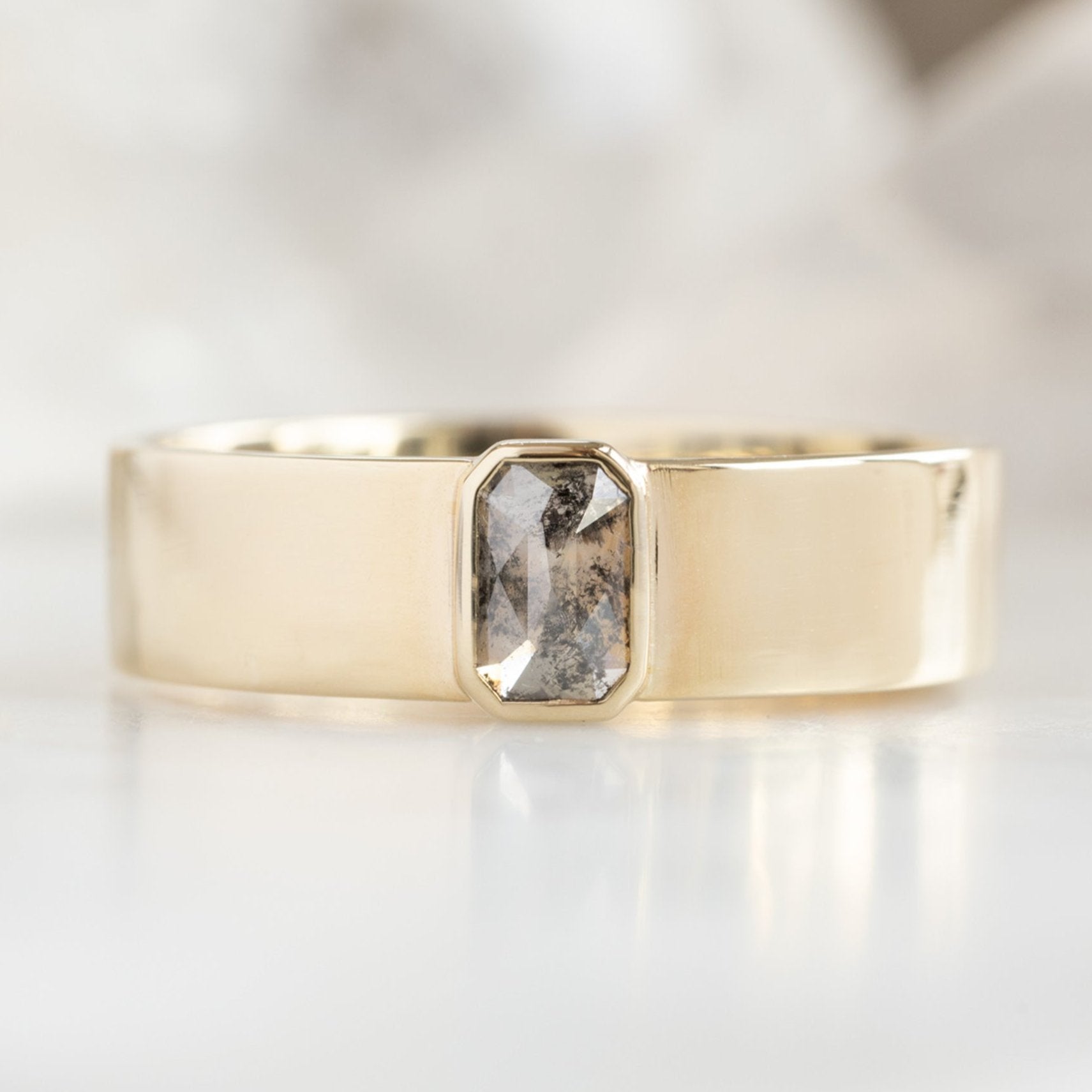 Alexis Russell Engagement Rings The Cigar Band with an Emerald-Cut Salt and Pepper Diamond | Yellow, Rose or White Gold