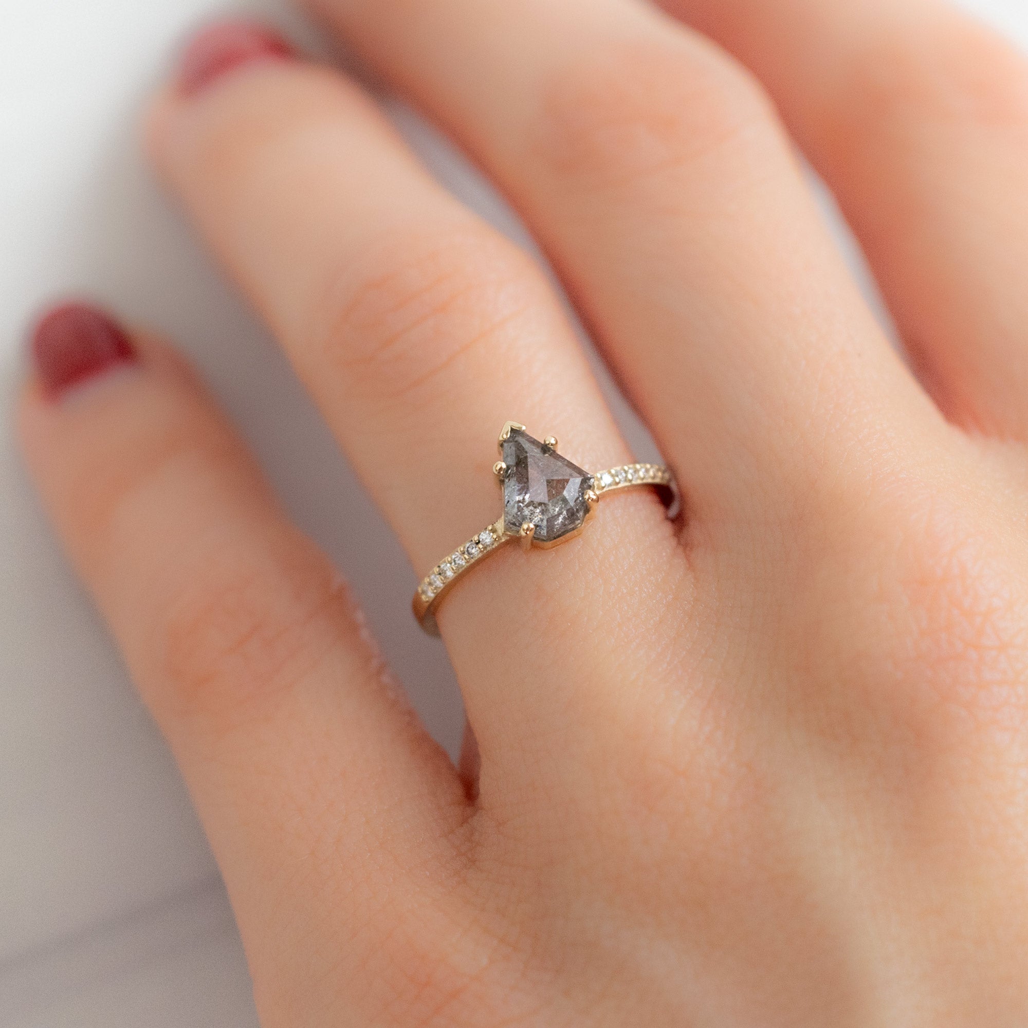 Alexis Russell Engagement Rings The Willow Ring | 1.16ct Shield Cut Salt and Pepper Diamond in 14K Yellow Gold
