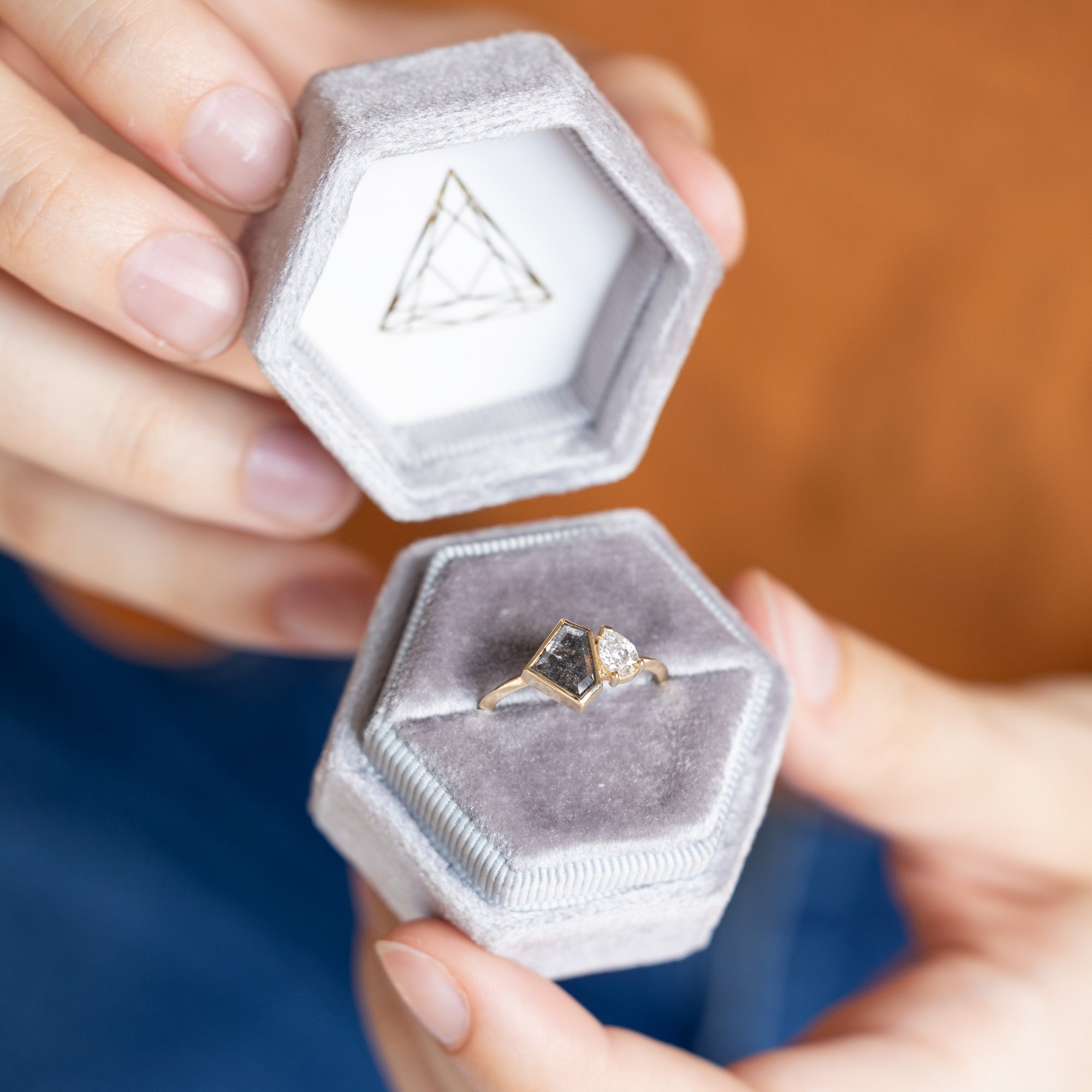Alexis Russell Engagement Rings The You and Me Ring | 1.52ct Shield Salt and Pepper Diamond in 14K Yellow Gold