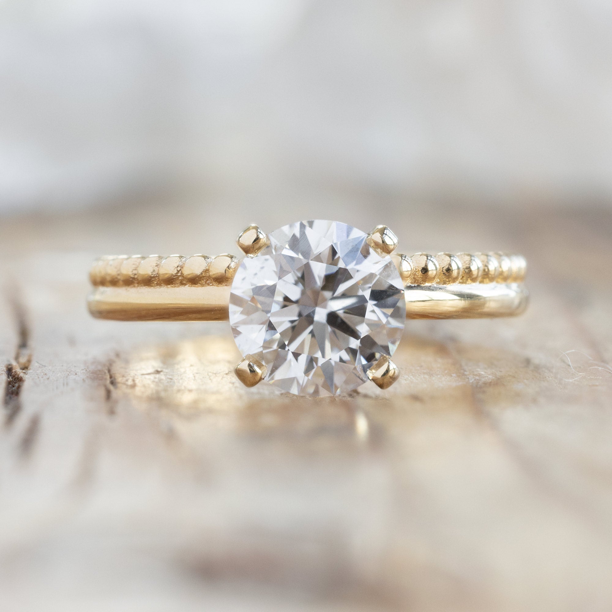 Alexis Russell Engagement Rings The Duo Beaded Ring | 1.40ct Lab Grown Round White Diamond in 14K Yellow Gold