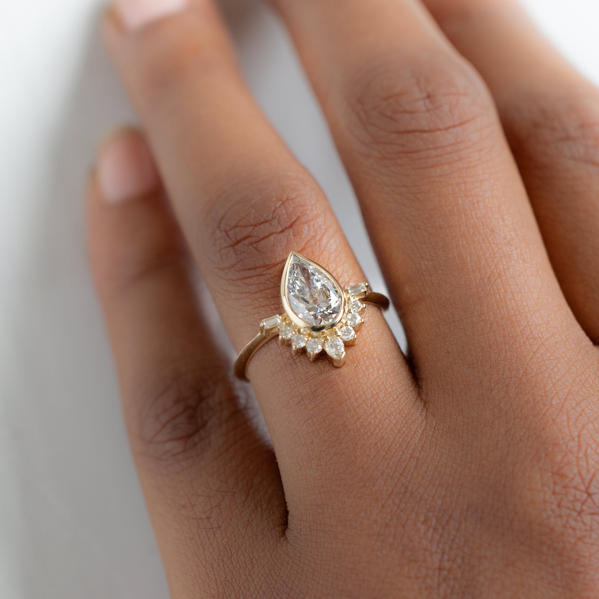 Alexis Russell Engagement Rings The Posy Ring | 1.51ct Lab Grown Pear White Diamond in 14K Yellow Gold