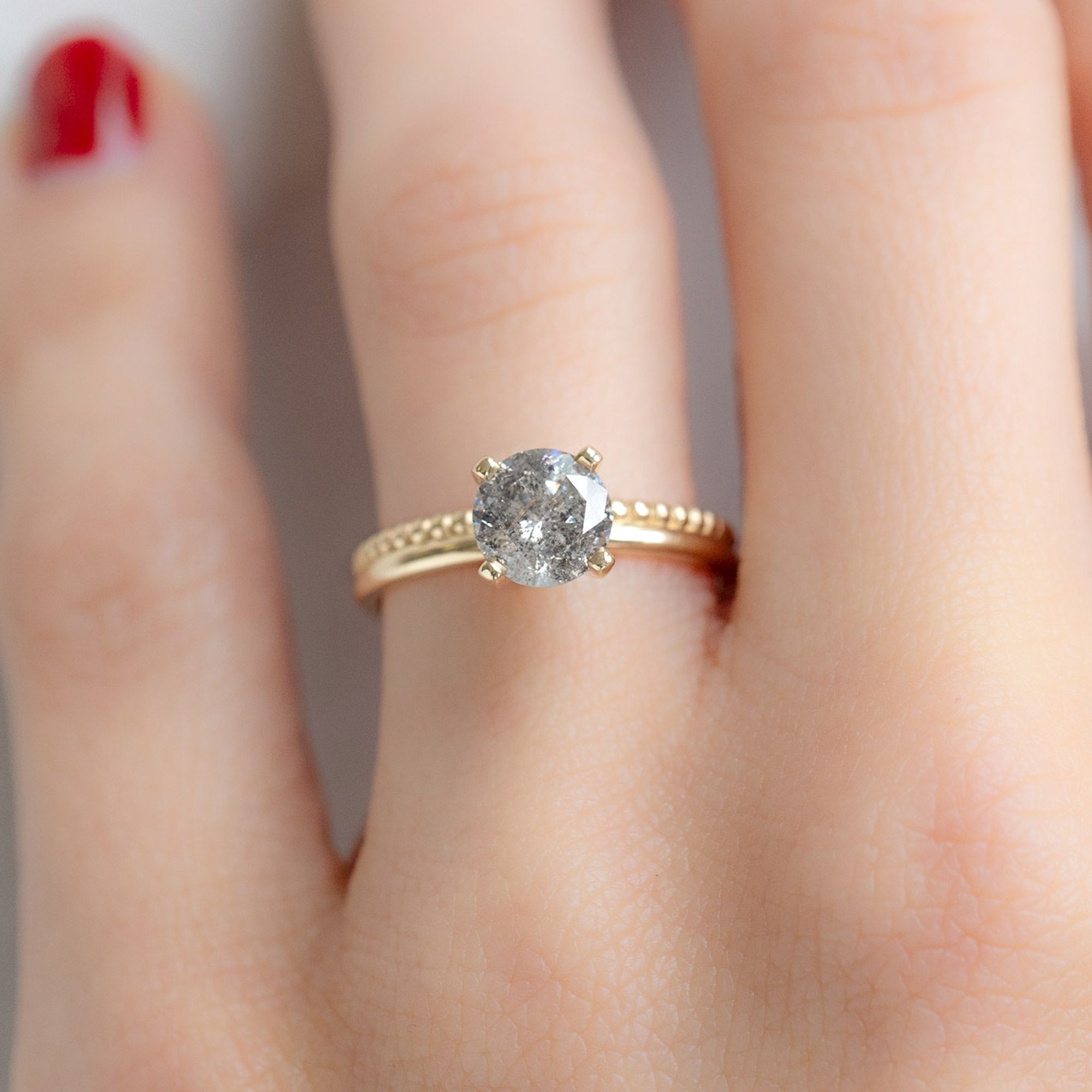 Alexis Russell Engagement Rings The Duo Beaded Ring | 1.13ct Round Salt and Pepper Diamond in 14K Yellow Gold