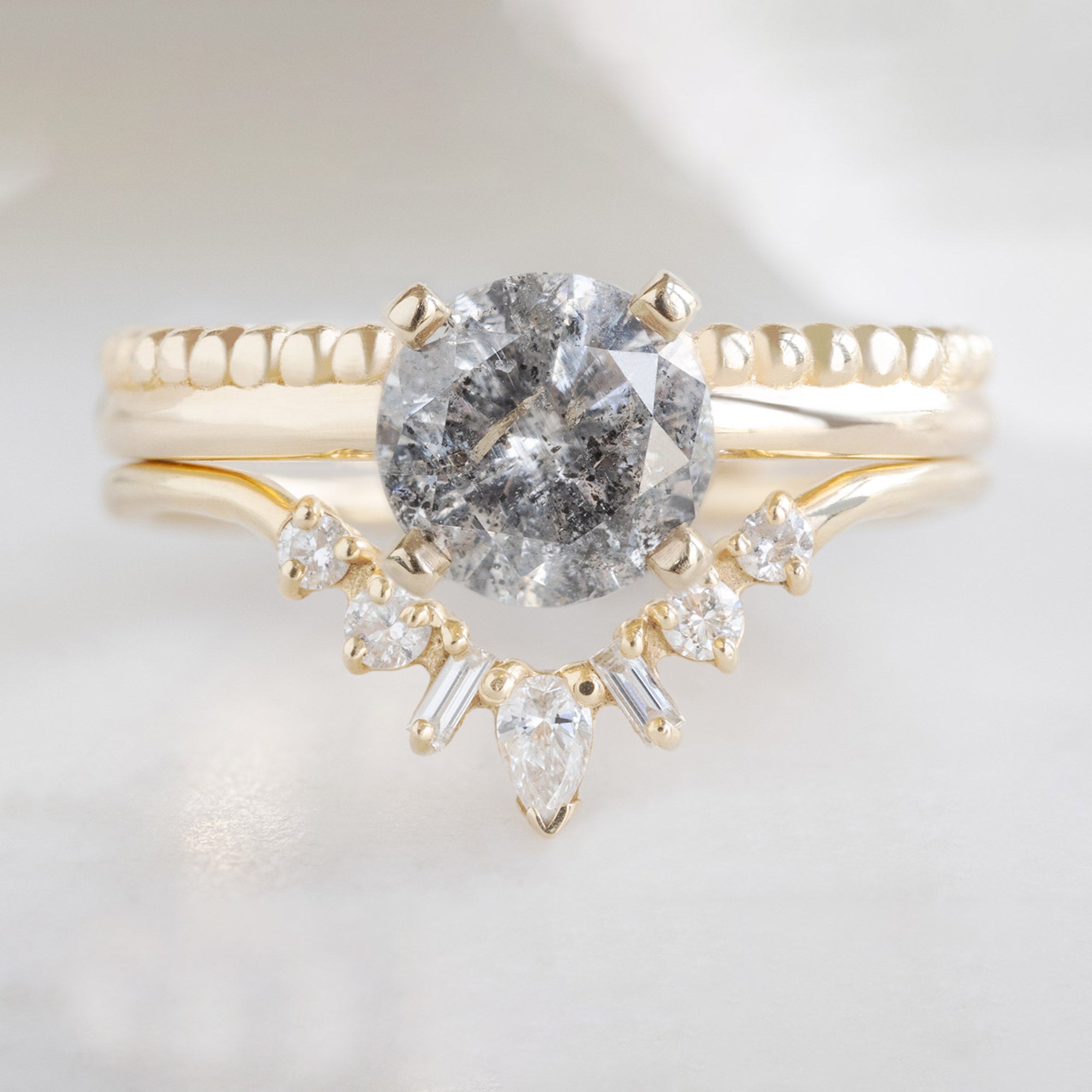 Alexis Russell Engagement Rings The Duo Beaded Ring | 1.13ct Round Salt and Pepper Diamond in 14K Yellow Gold