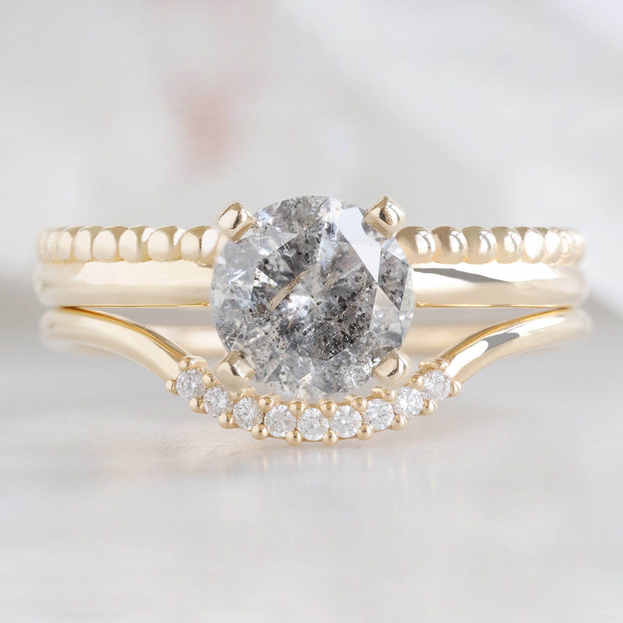 Alexis Russell Engagement Rings The Duo Beaded Ring | 1.13ct Round Salt and Pepper Diamond in 14K Yellow Gold