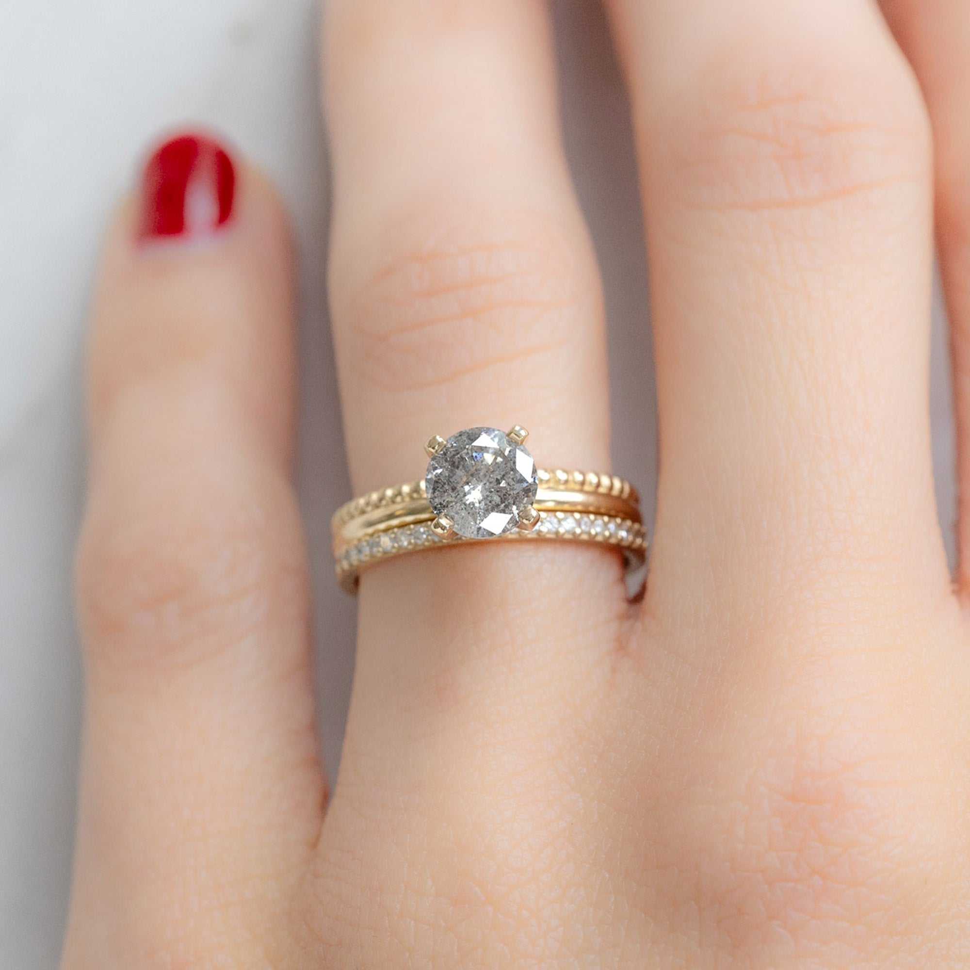 Alexis Russell Engagement Rings The Duo Beaded Ring | 1.13ct Round Salt and Pepper Diamond in 14K Yellow Gold