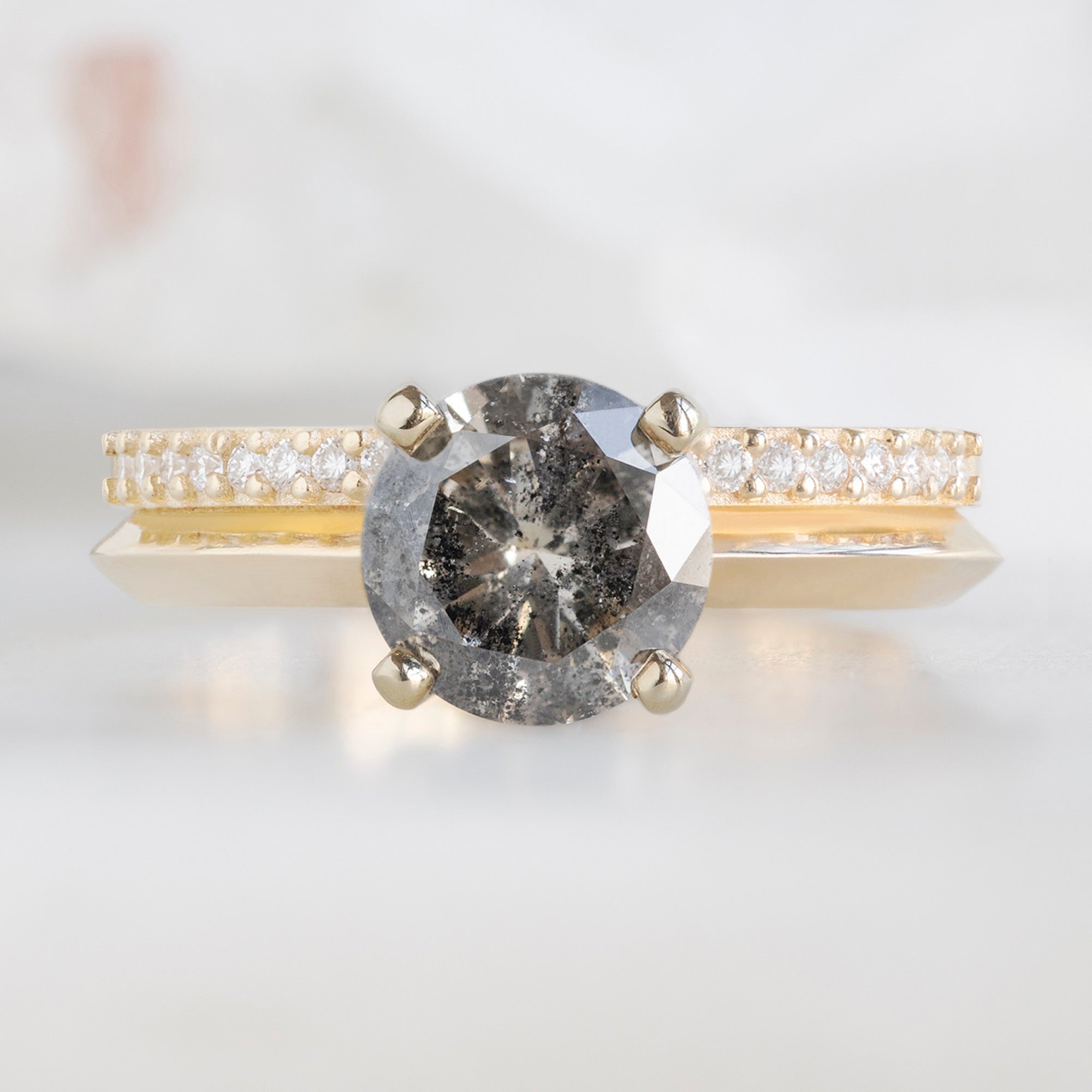 Alexis Russell Engagement Rings The Duo Pavé Ring | 1.14ct Round Salt and Pepper Diamond in 14K Yellow Gold