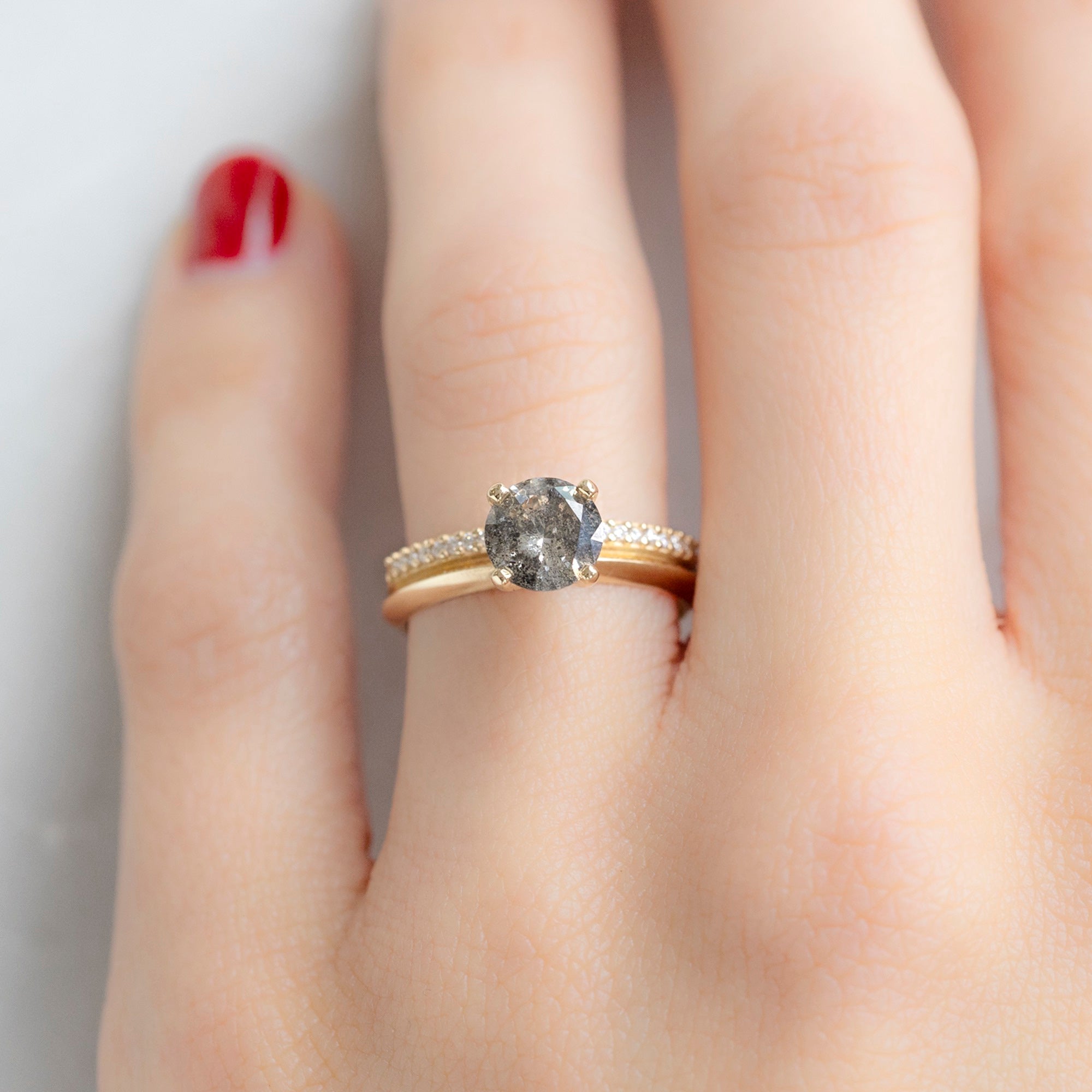 Alexis Russell Engagement Rings The Duo Pavé Ring | 1.14ct Round Salt and Pepper Diamond in 14K Yellow Gold