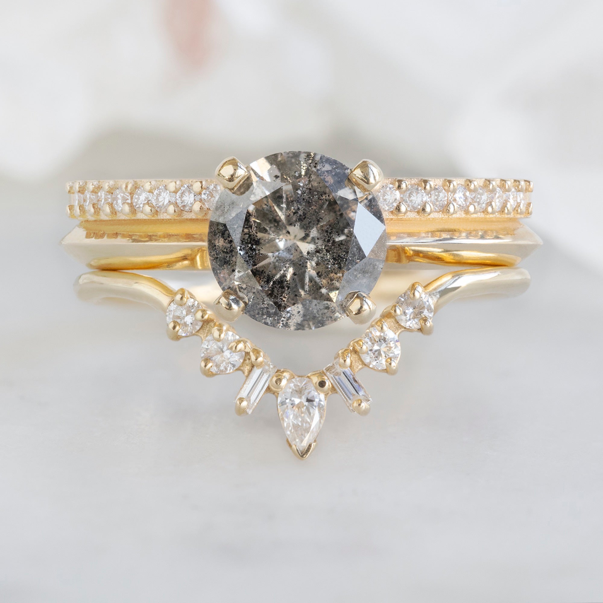 Alexis Russell Engagement Rings The Duo Pavé Ring | 1.14ct Round Salt and Pepper Diamond in 14K Yellow Gold