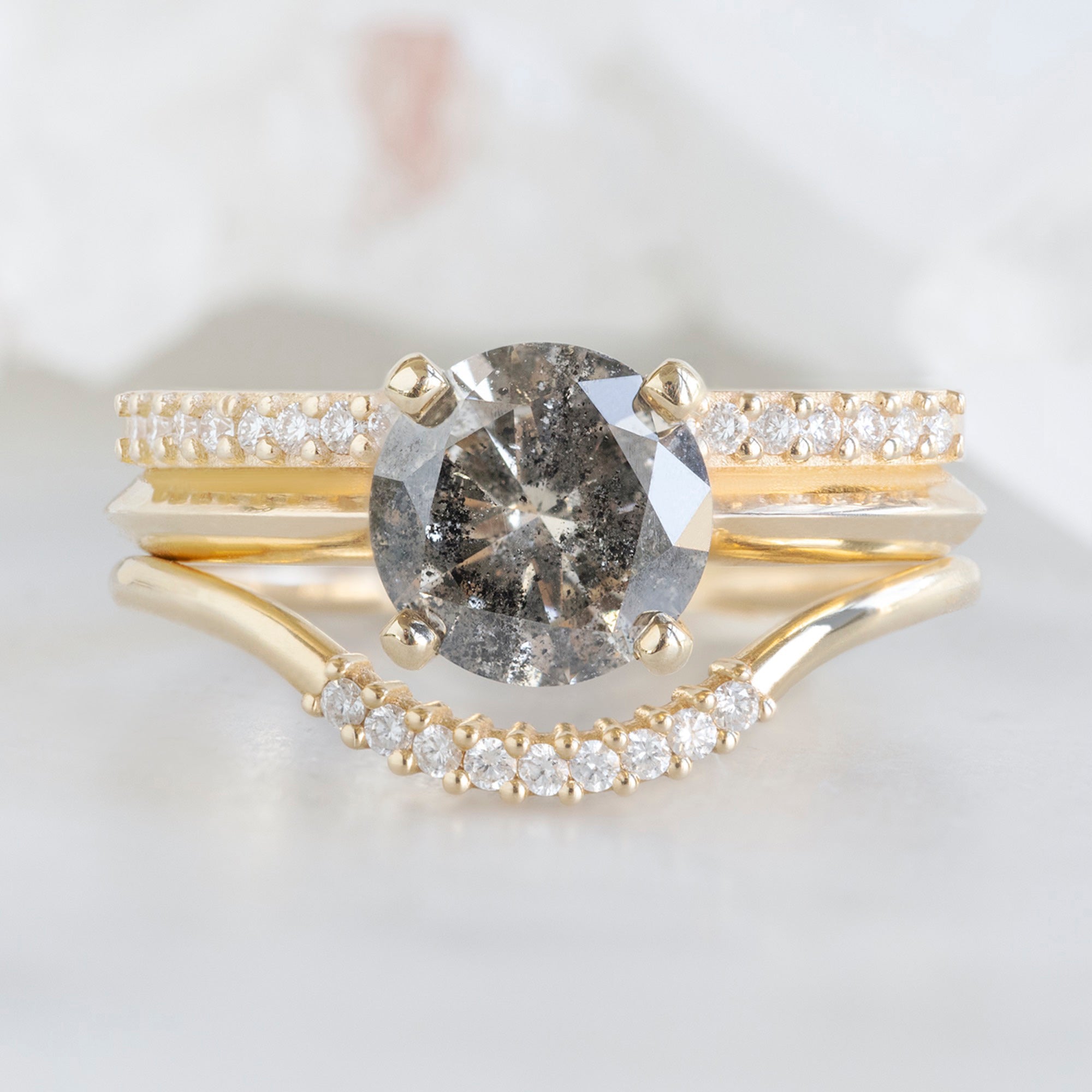 Alexis Russell Engagement Rings The Duo Pavé Ring | 1.14ct Round Salt and Pepper Diamond in 14K Yellow Gold
