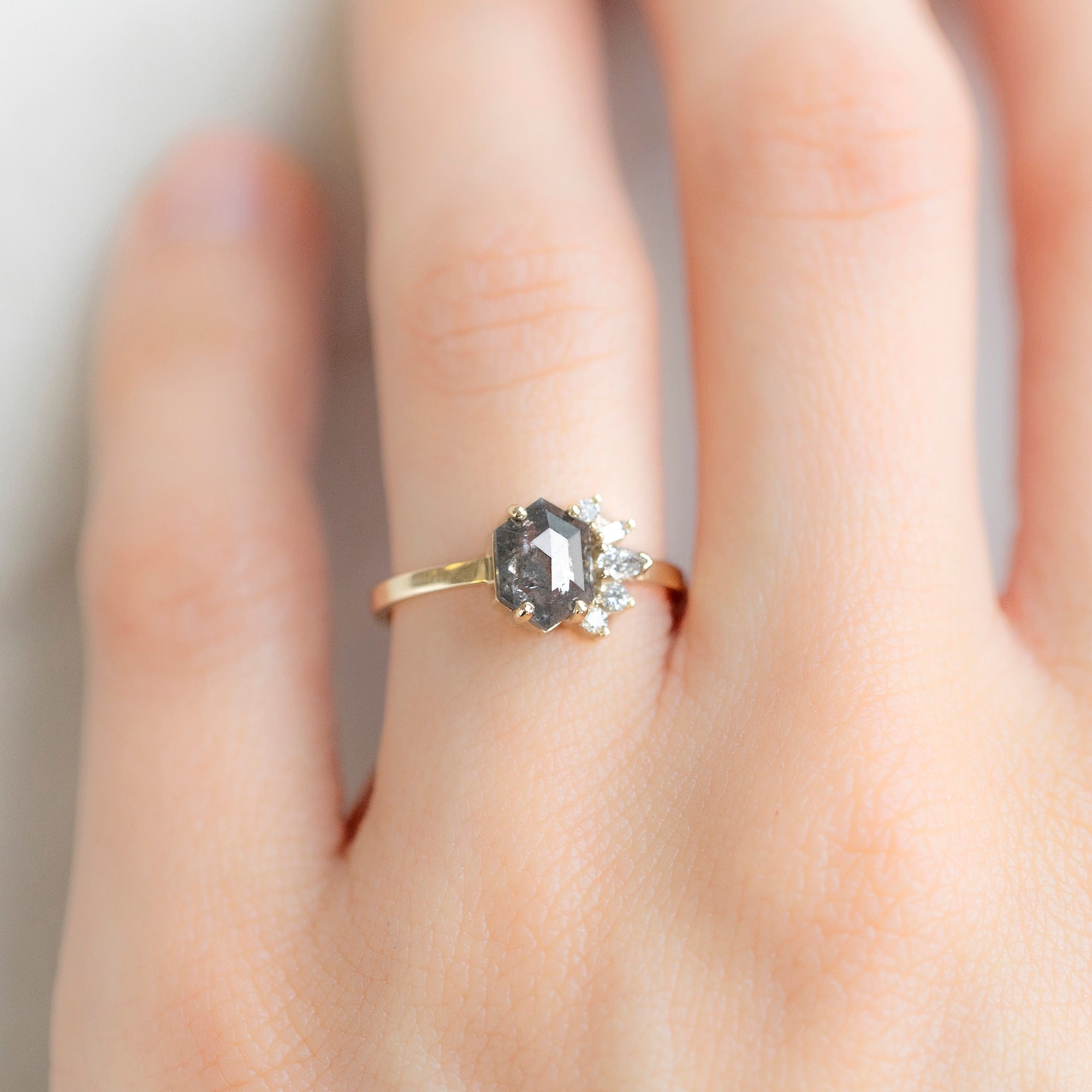 Alexis Russell Engagement Rings The Cluster Ring | 1.28ct Hexagon Salt and Pepper Diamond in 14K Yellow Gold