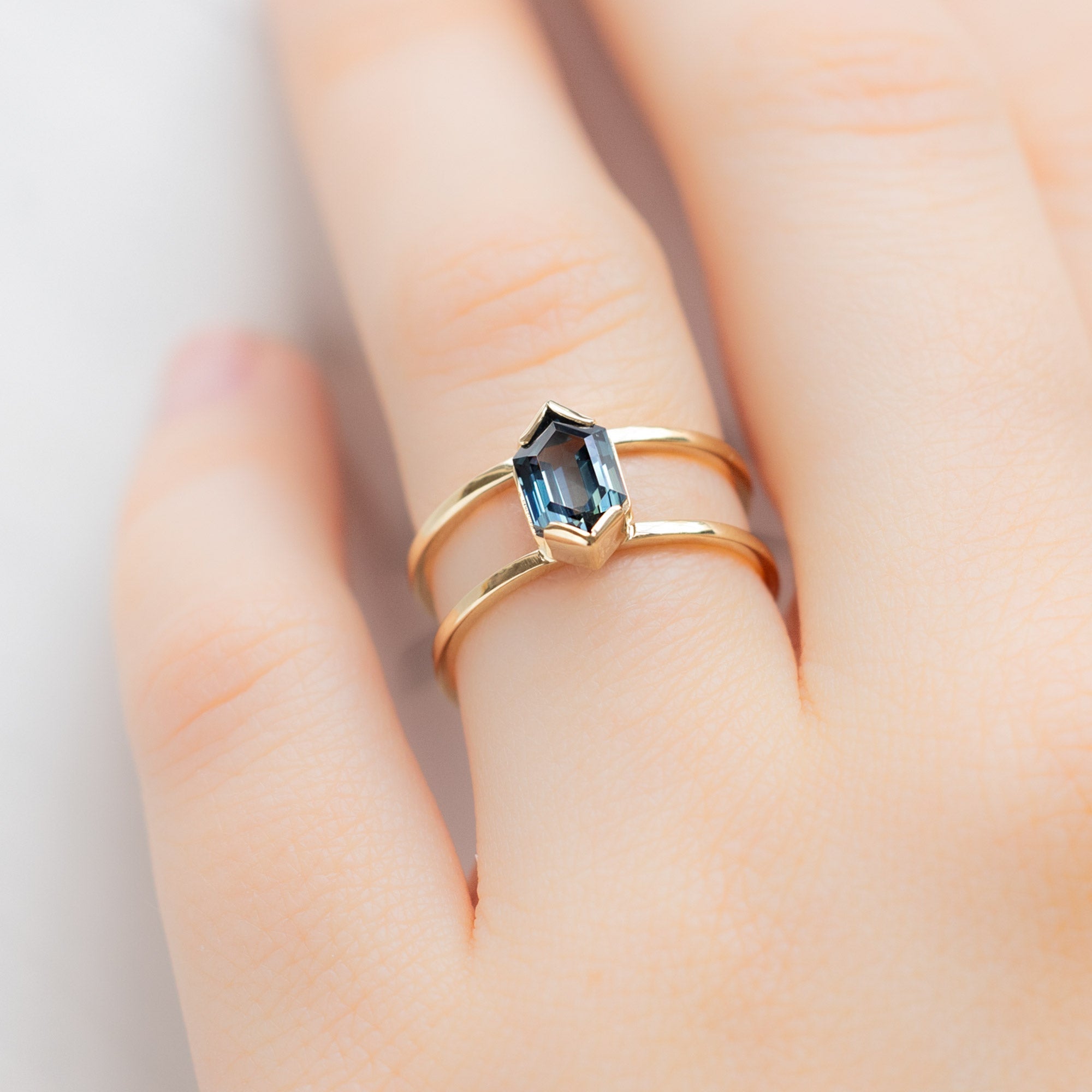 Alexis Russell Engagement Rings The Poppy Ring | 1.24ct Hexagon Blue Sapphire in 14K Yellow Gold